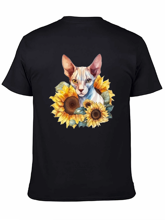 Sphynx Cat Sunflower Graphic Black T-Shirt