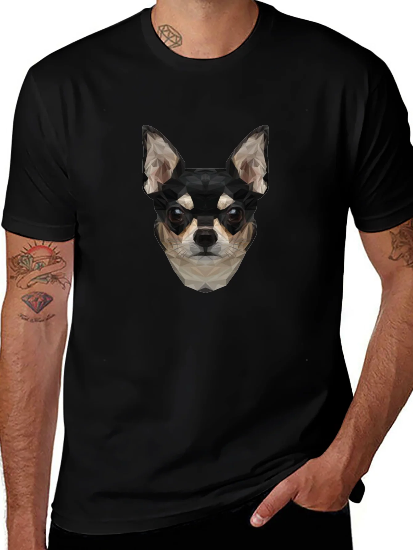 Geometric Chihuahua Print Black T-Shirt