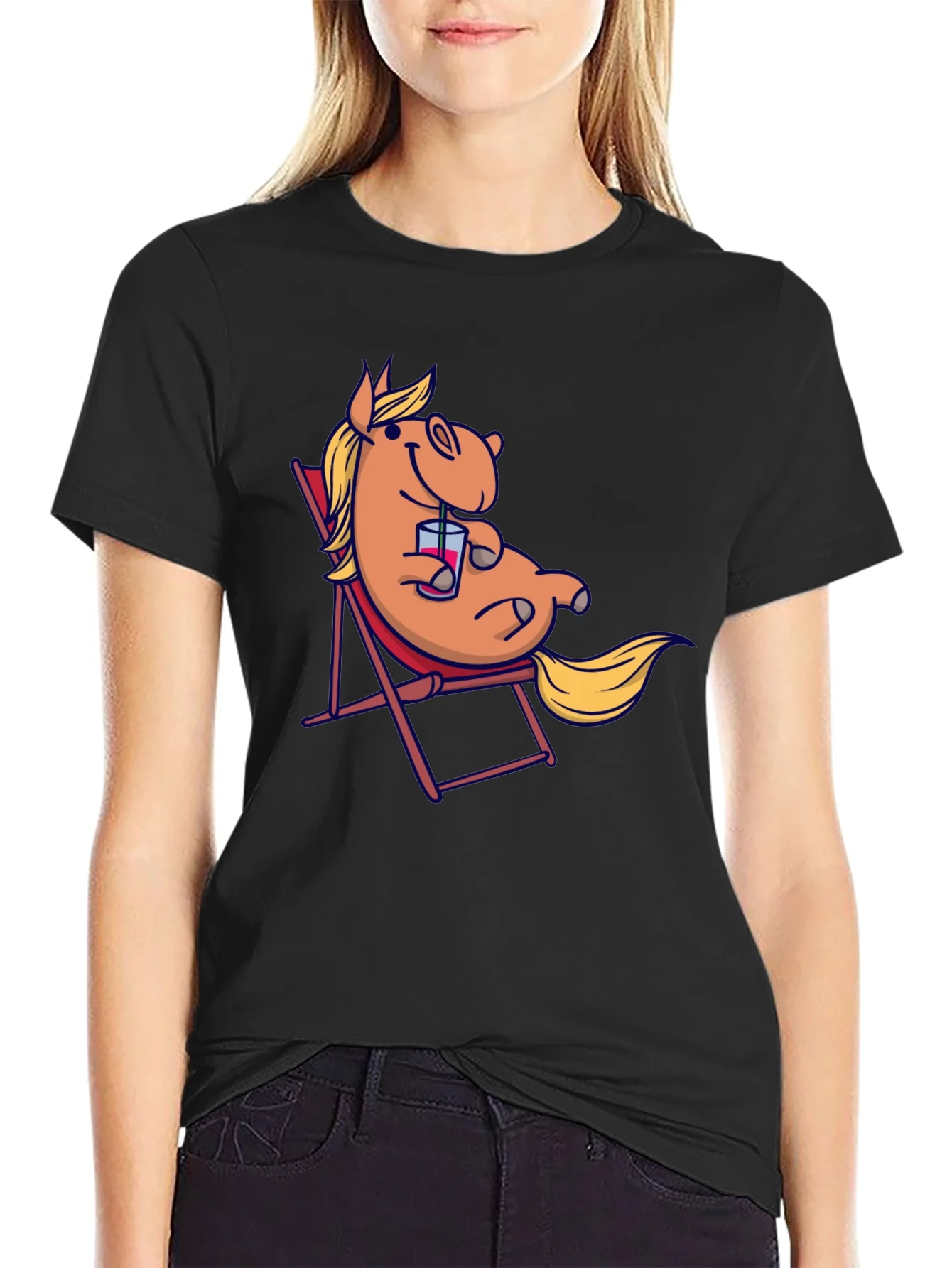 Relaxed Cartoon Horse T-Shirt - Black Cotton Tee