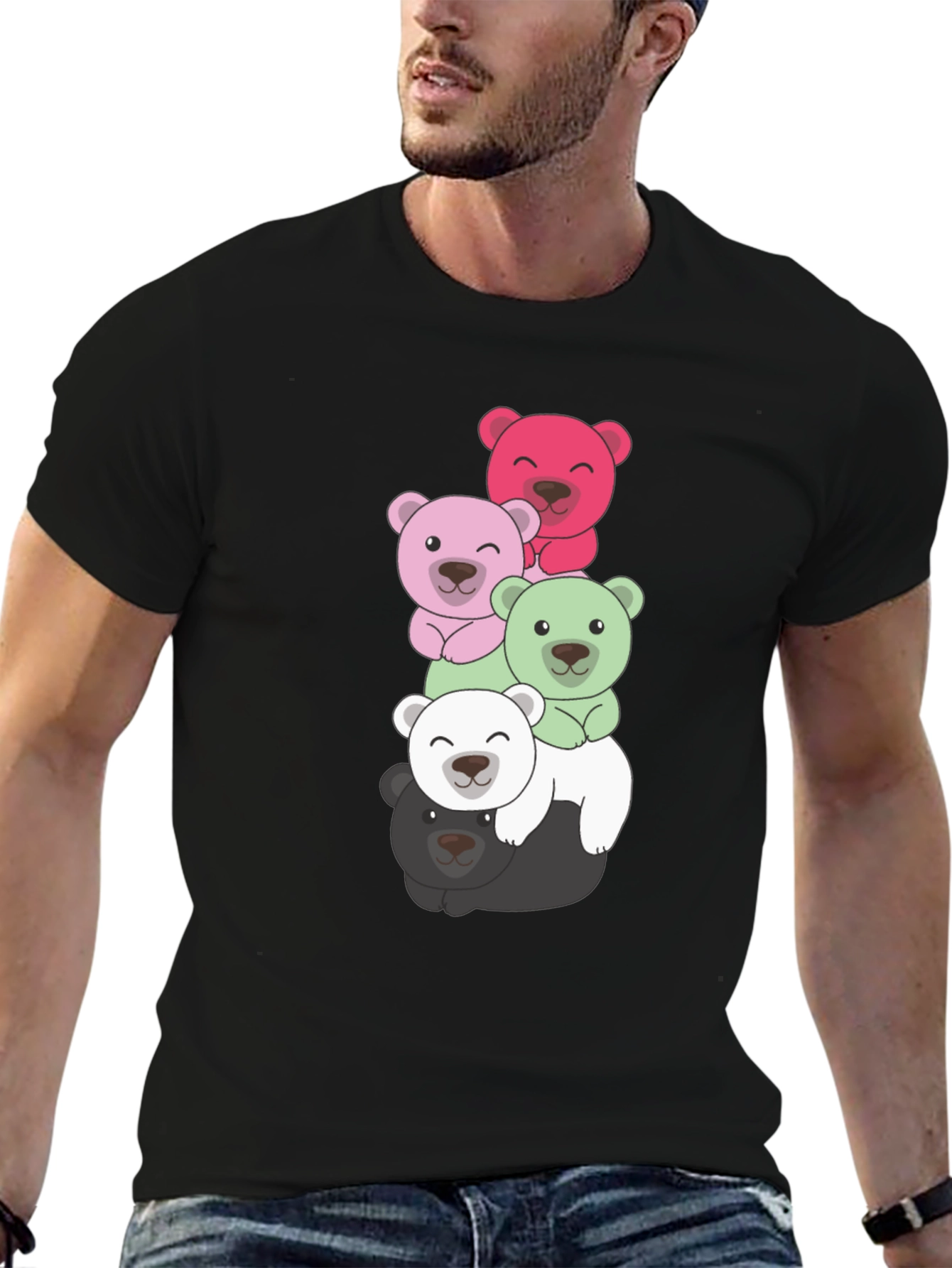 Stacked Bears Graphic Tee - Black Cotton T-Shirt