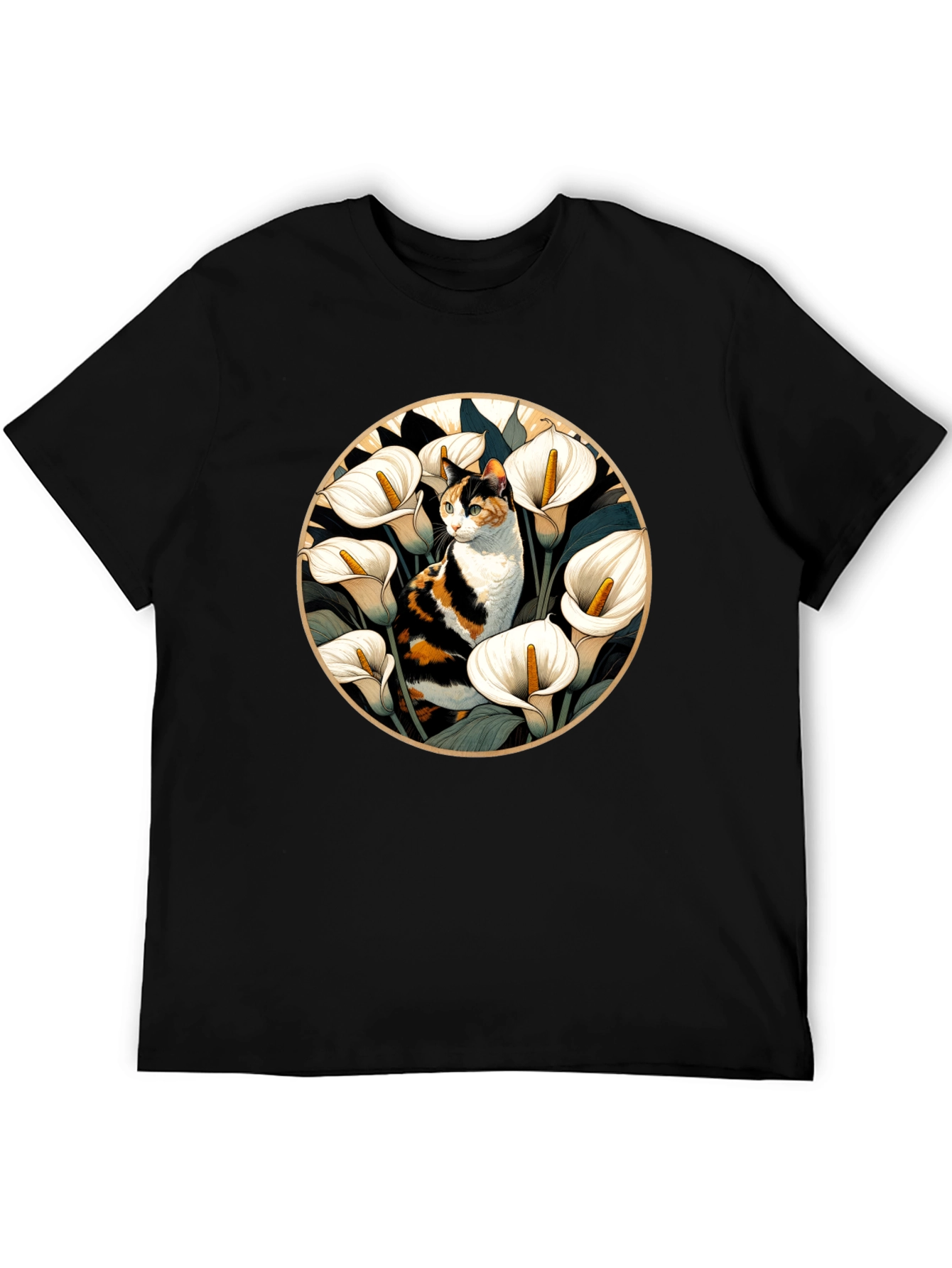 Cat & Calla Lily Black T-Shirt