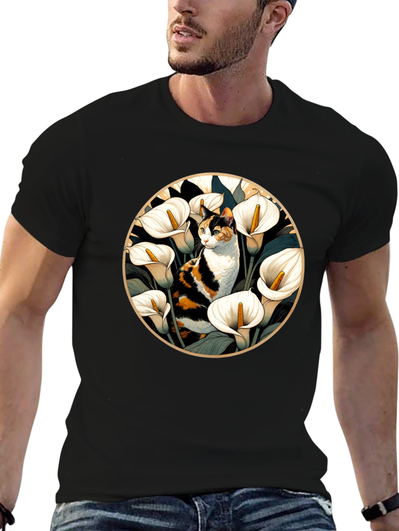 Cat & Calla Lily Black T-Shirt