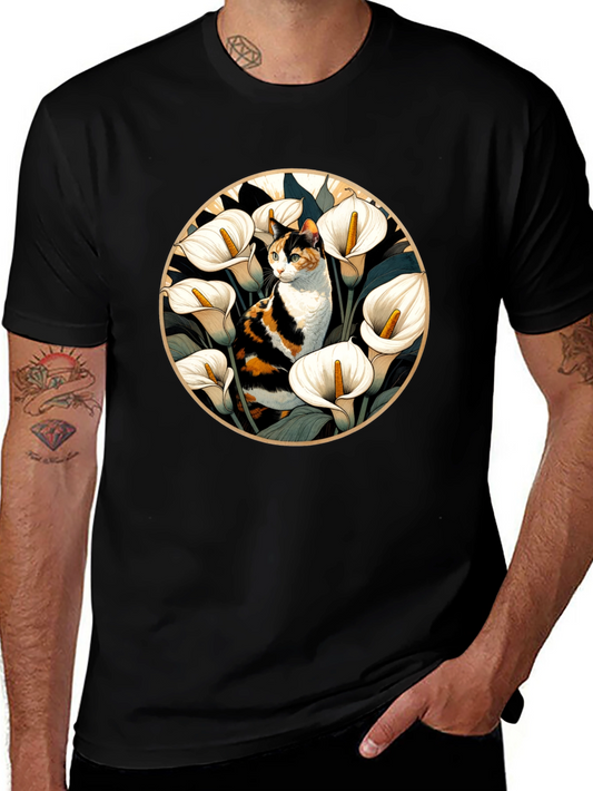 Cat & Calla Lily Black T-Shirt