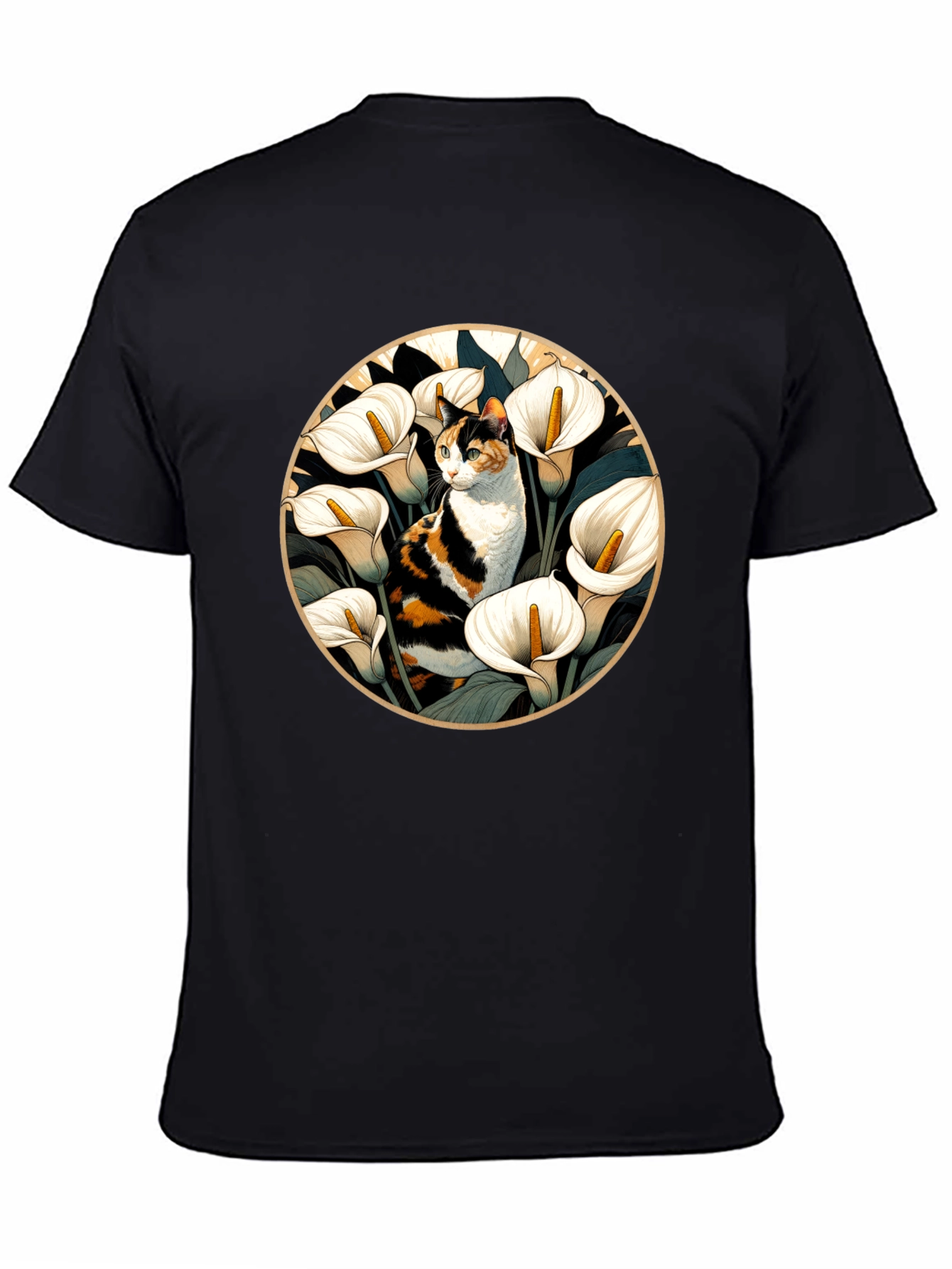 Cat & Calla Lily Black T-Shirt