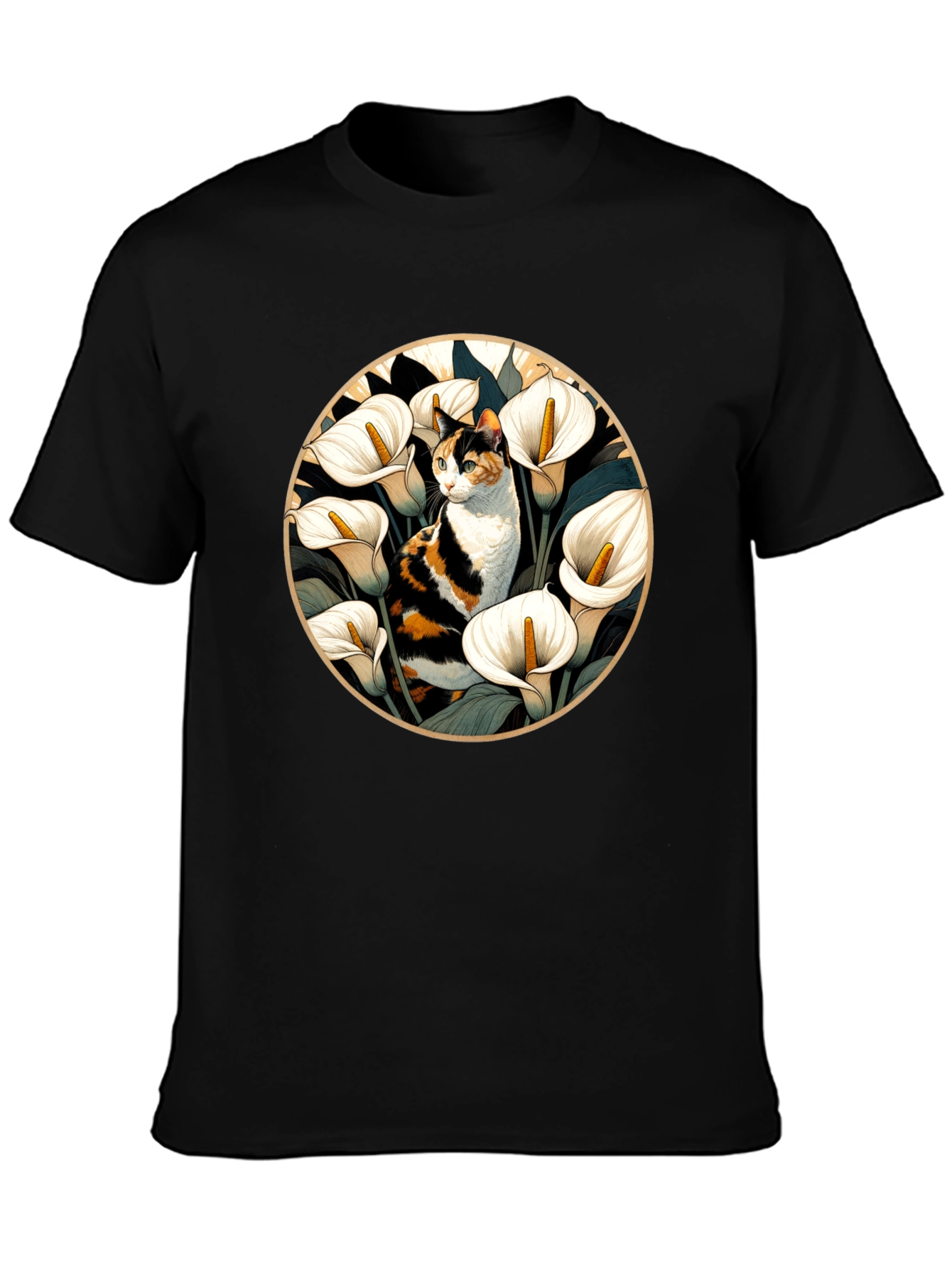 Cat & Calla Lily Black T-Shirt