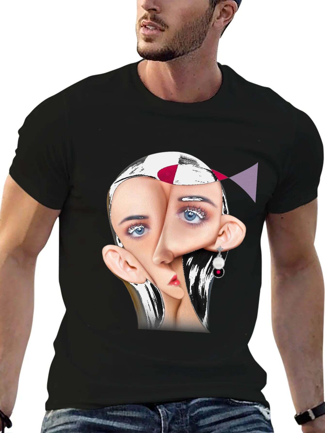 Surreal Face Graphic Print Black Tee
