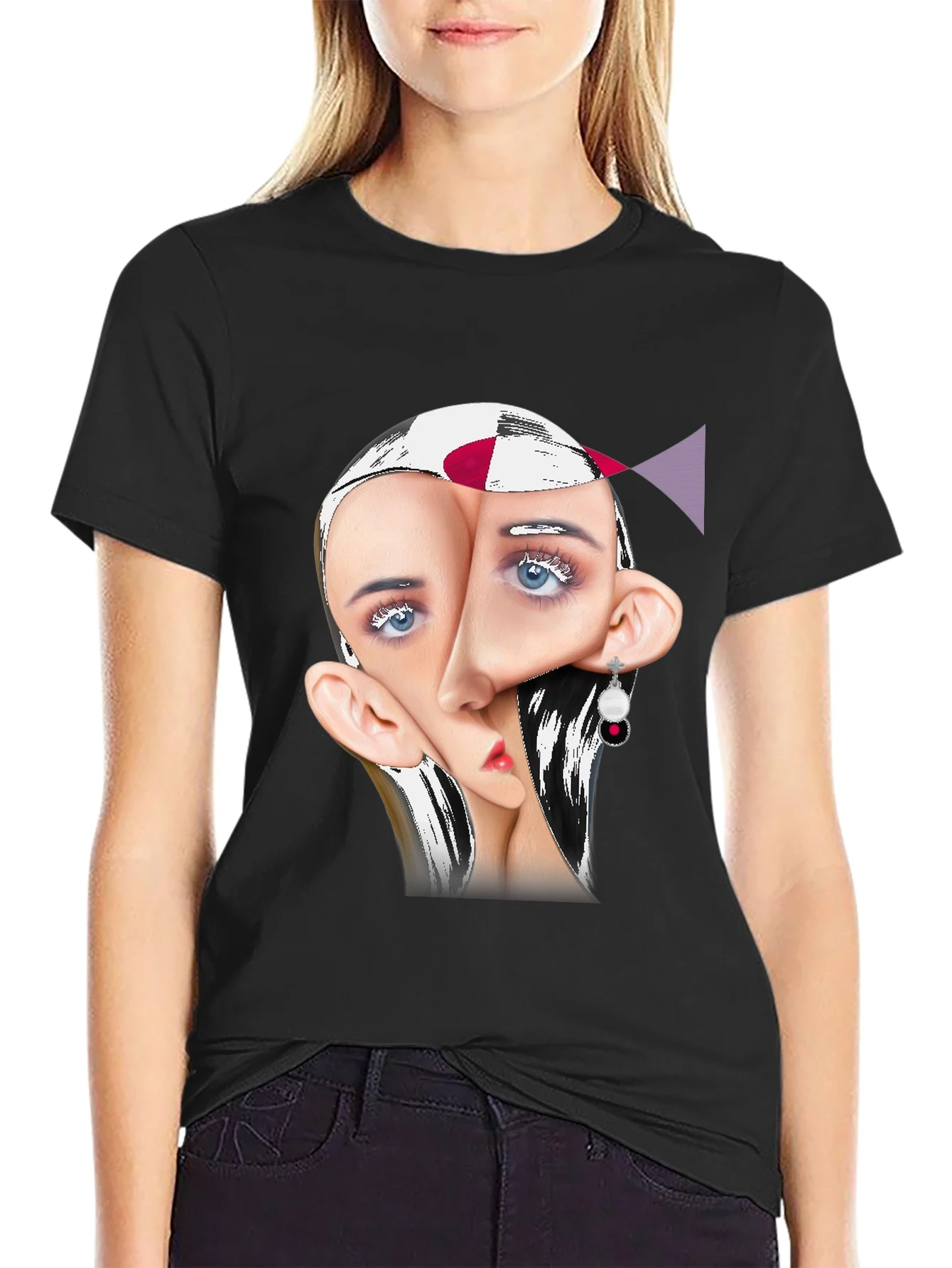 Surreal Face Graphic Print Black Tee