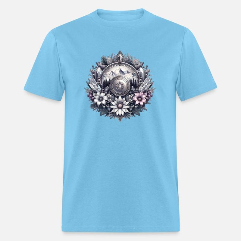 Medallion with majestic mountains and flowers