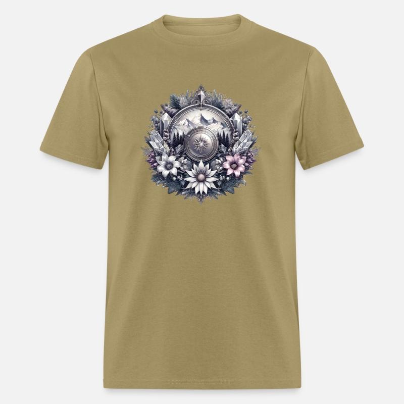 Medallion with majestic mountains and flowers