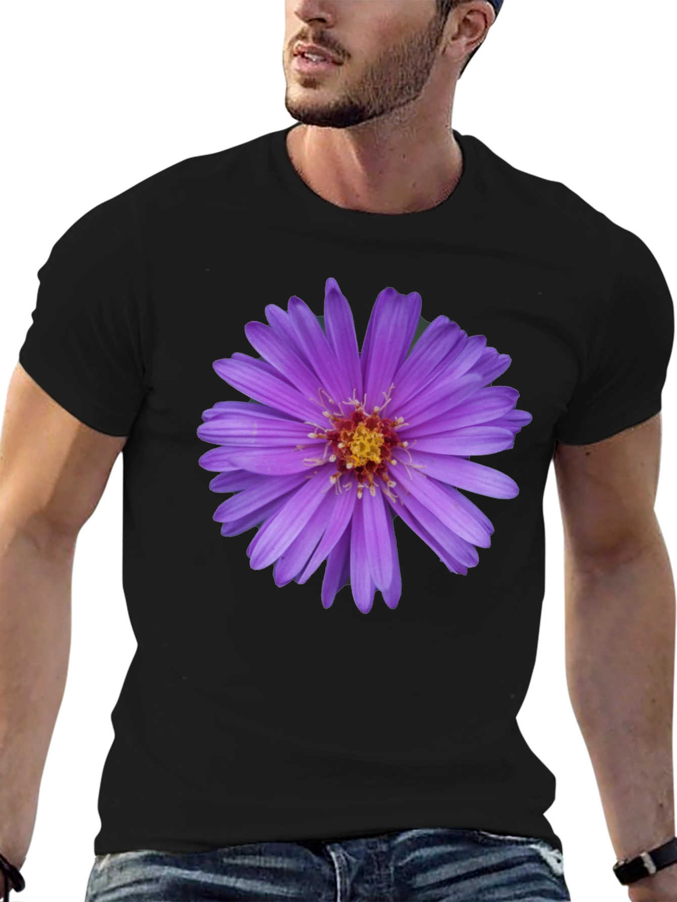 Floral Print Black T-Shirt - Aster Flower Design