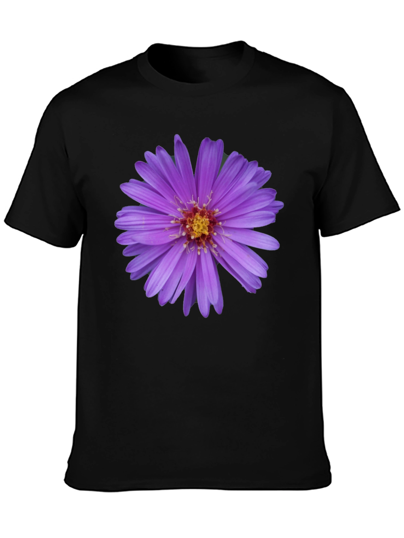 Floral Print Black T-Shirt - Aster Flower Design
