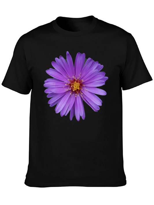 Floral Print Black T-Shirt - Aster Flower Design