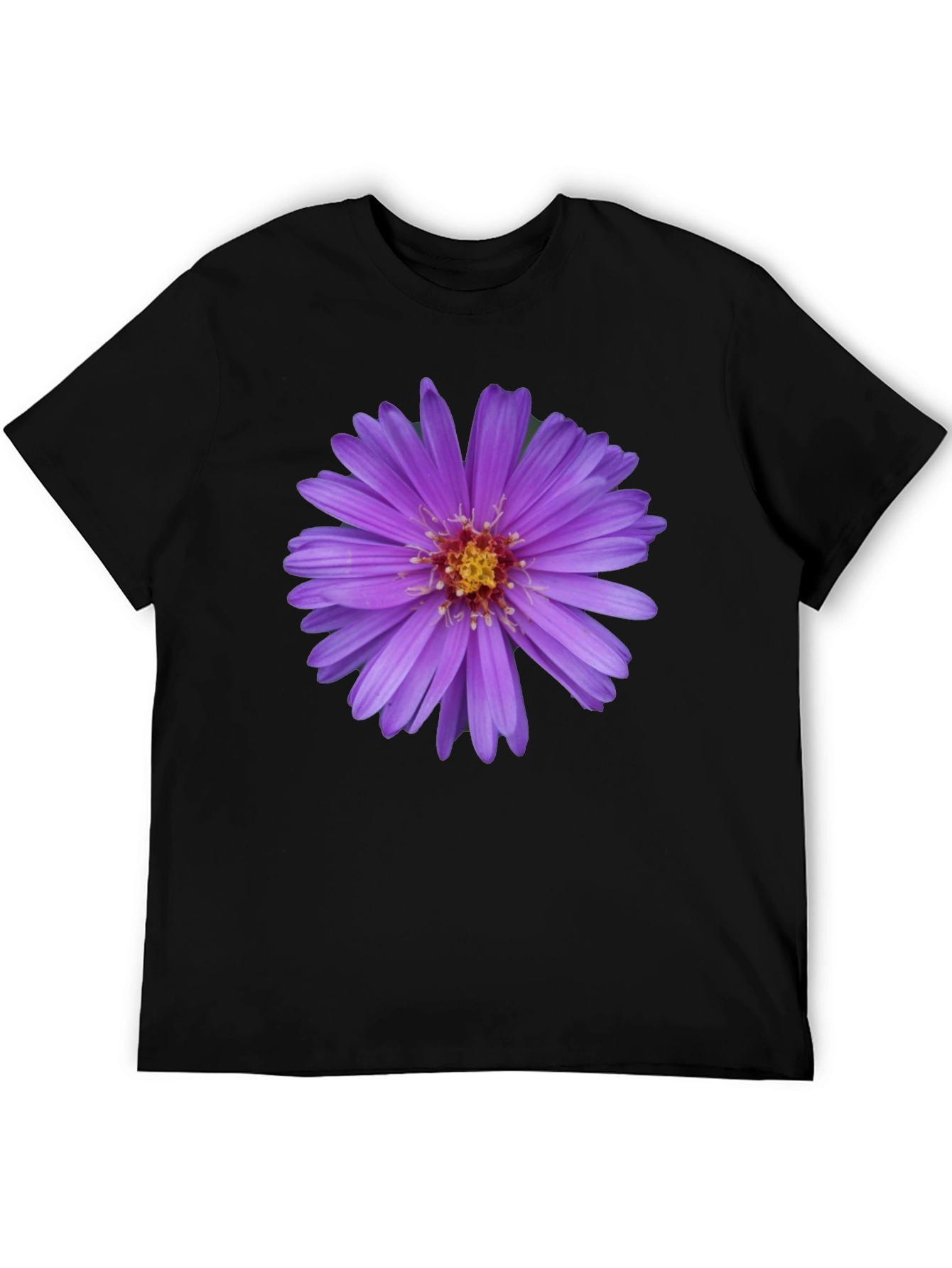 Floral Print Black T-Shirt - Aster Flower Design