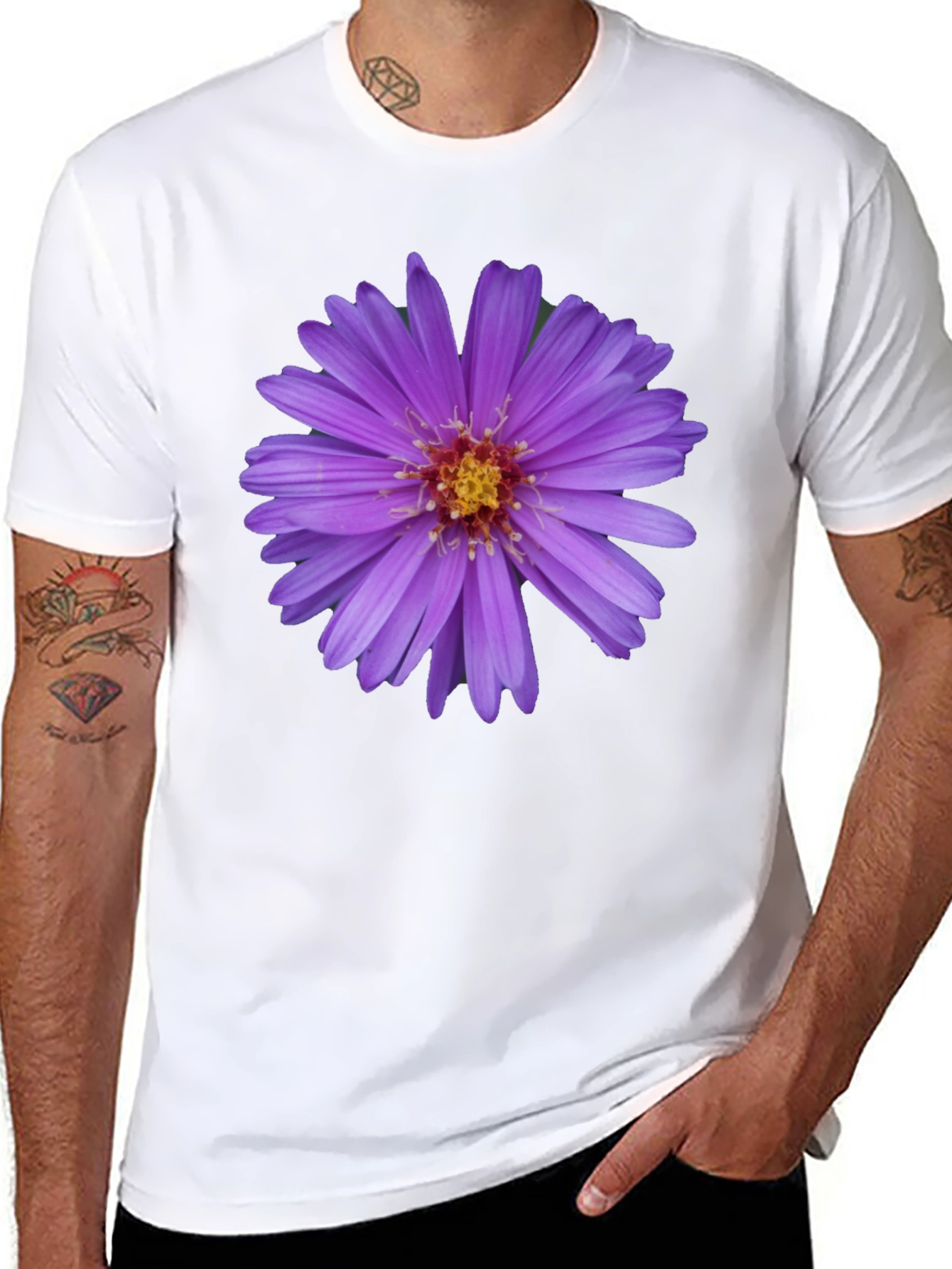 Floral Print Black T-Shirt - Aster Flower Design