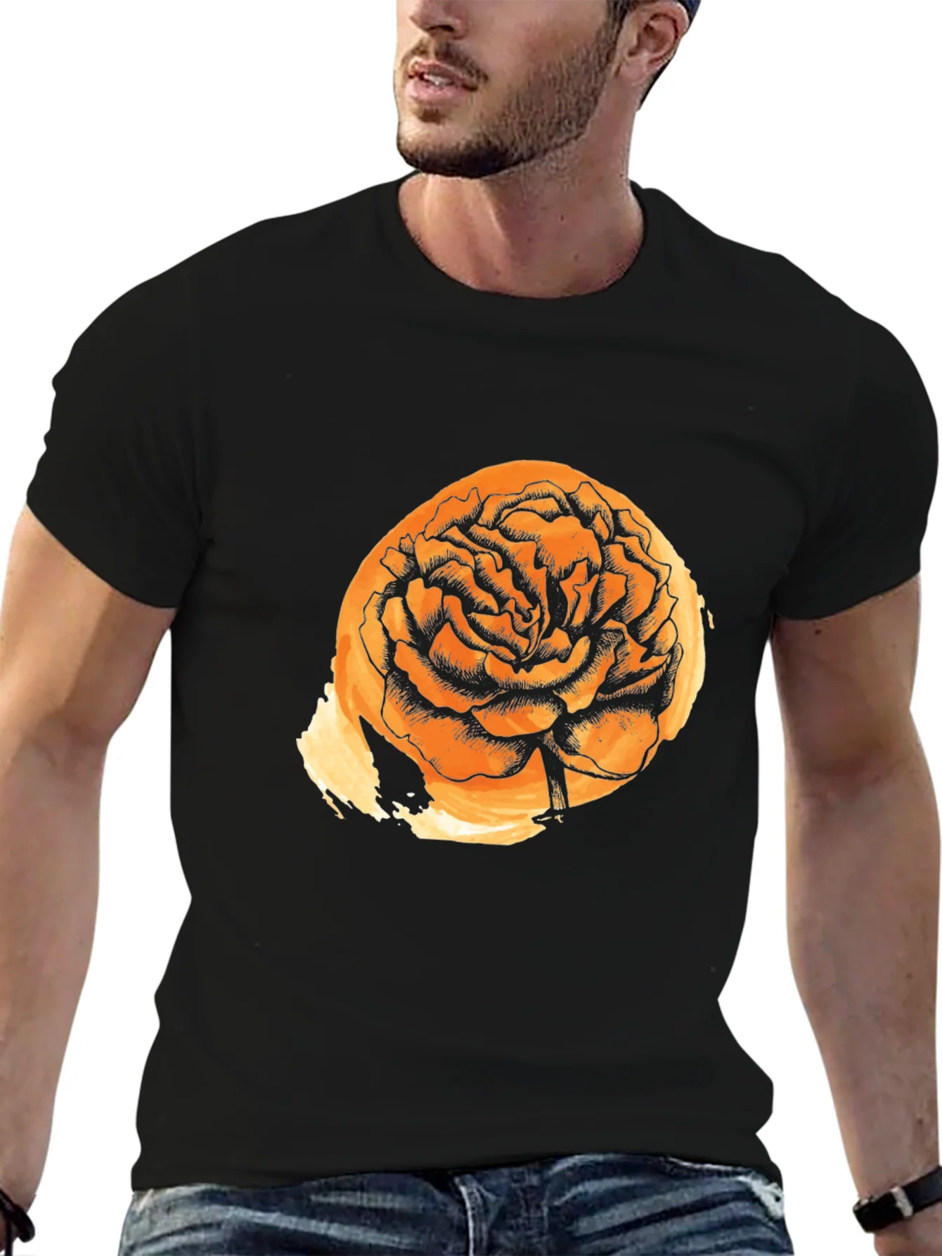 Black T-Shirt with Floral Graphic