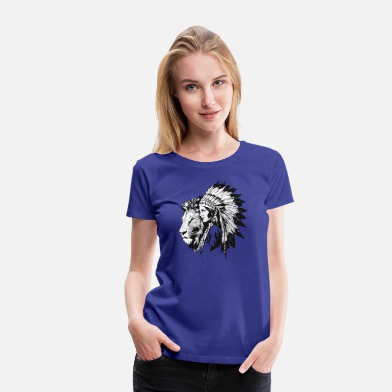 Native American woman and a majestic lion