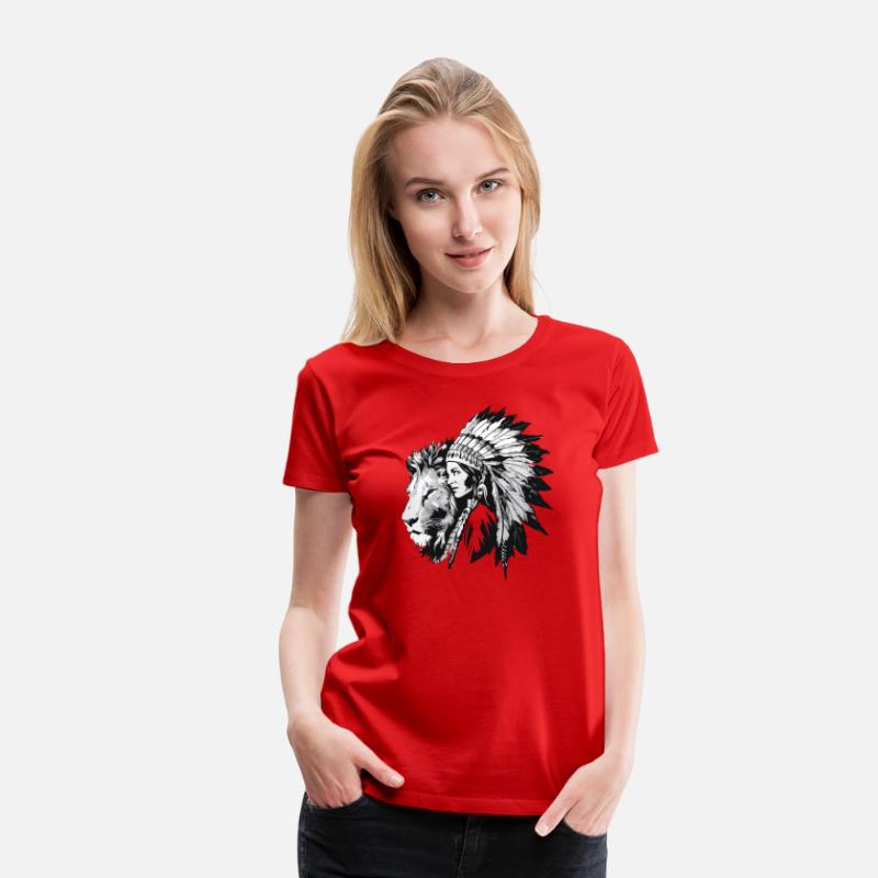 Native American woman and a majestic lion