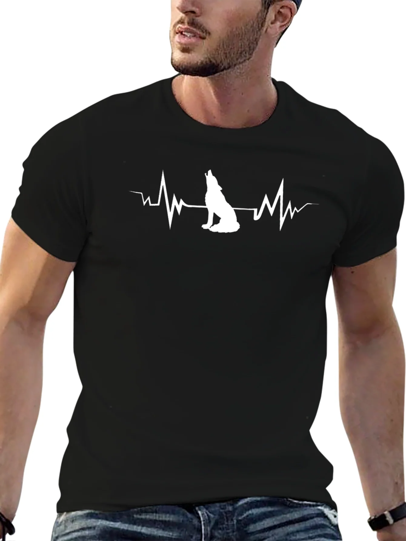 Wolf Heartbeat Graphic T-Shirt - Trendy Black Tee