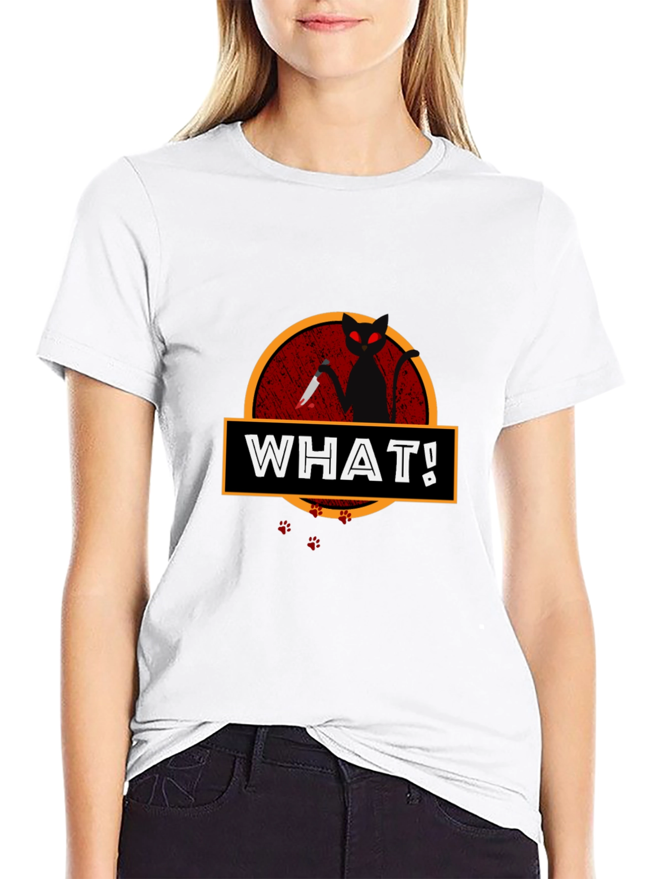 WHAT! Cat with Knife Graphic T-Shirt