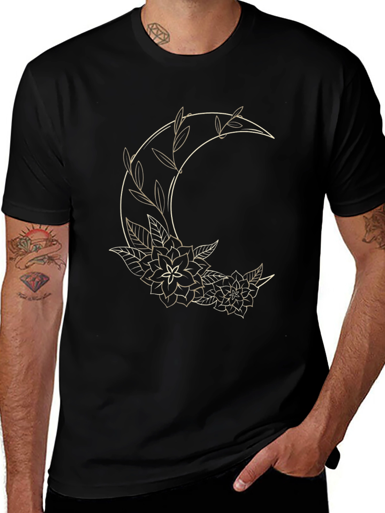 Floral Crescent Moon Graphic Tee - Black