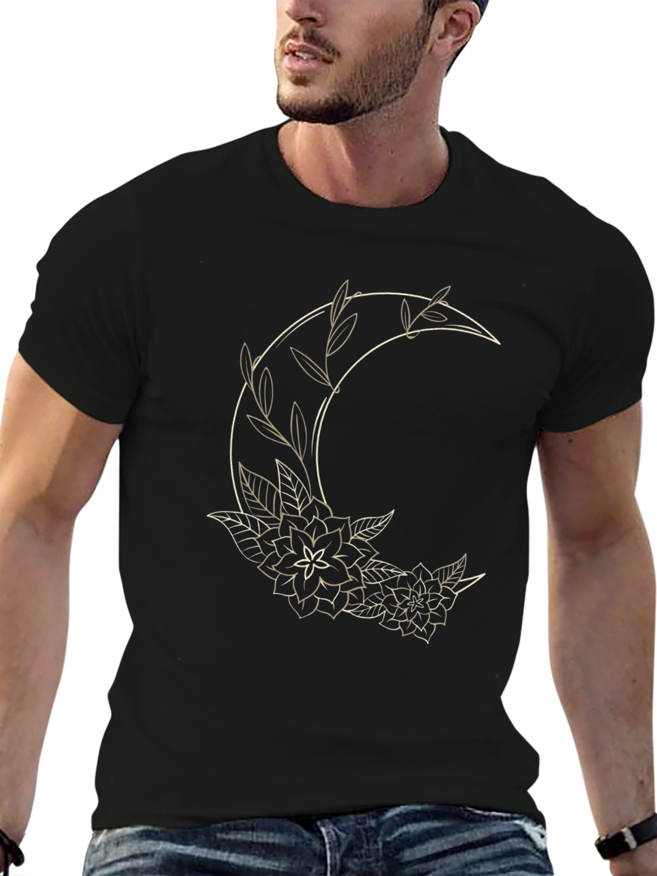 Floral Crescent Moon Graphic Tee - Black