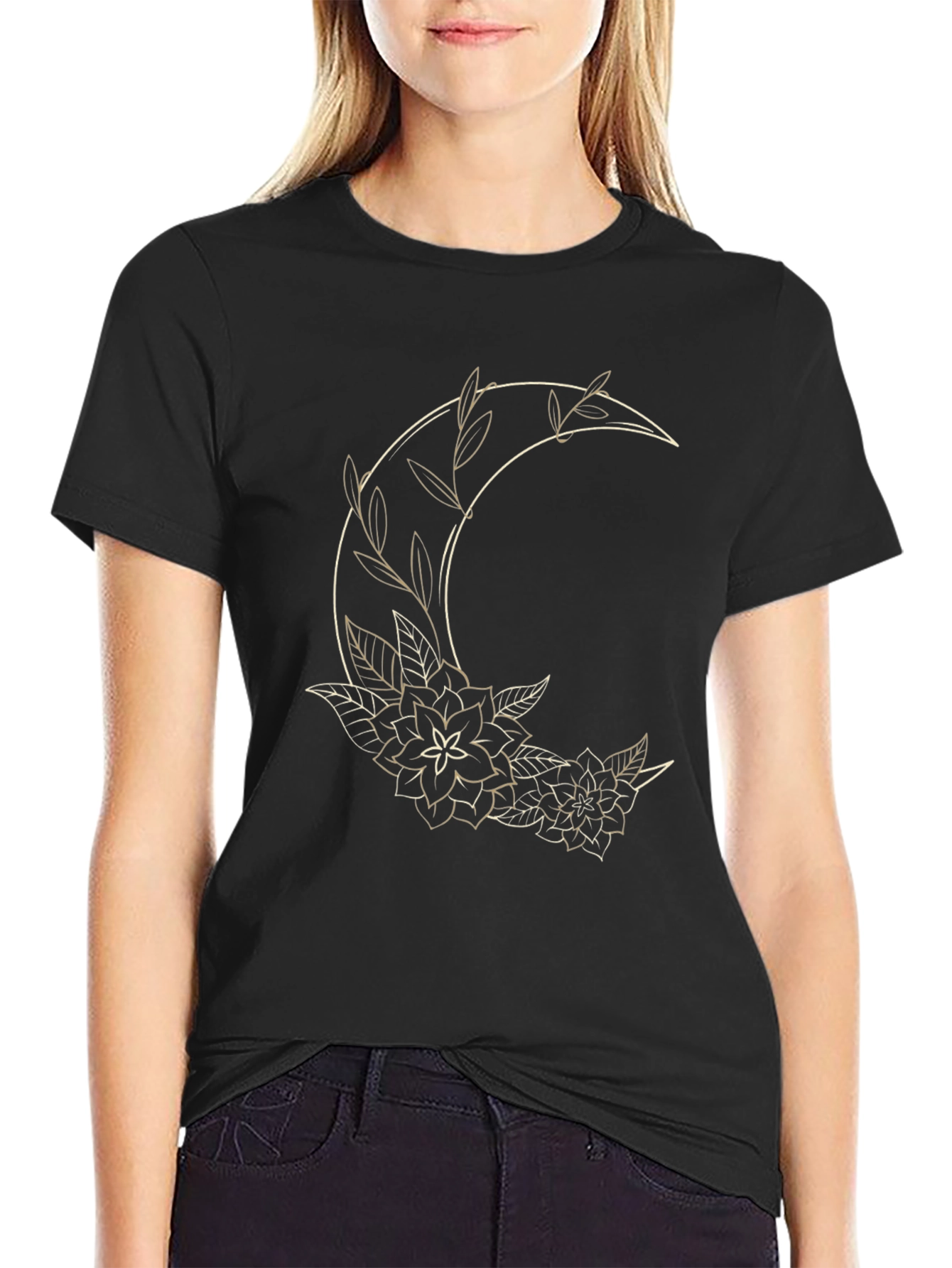 Floral Crescent Moon Graphic Tee - Black
