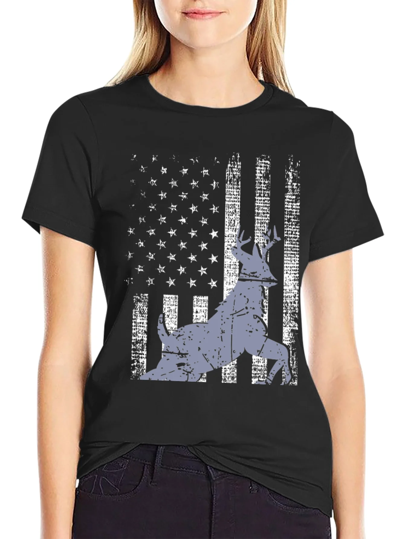 Distressed USA Flag Deer Graphic Tee - Black