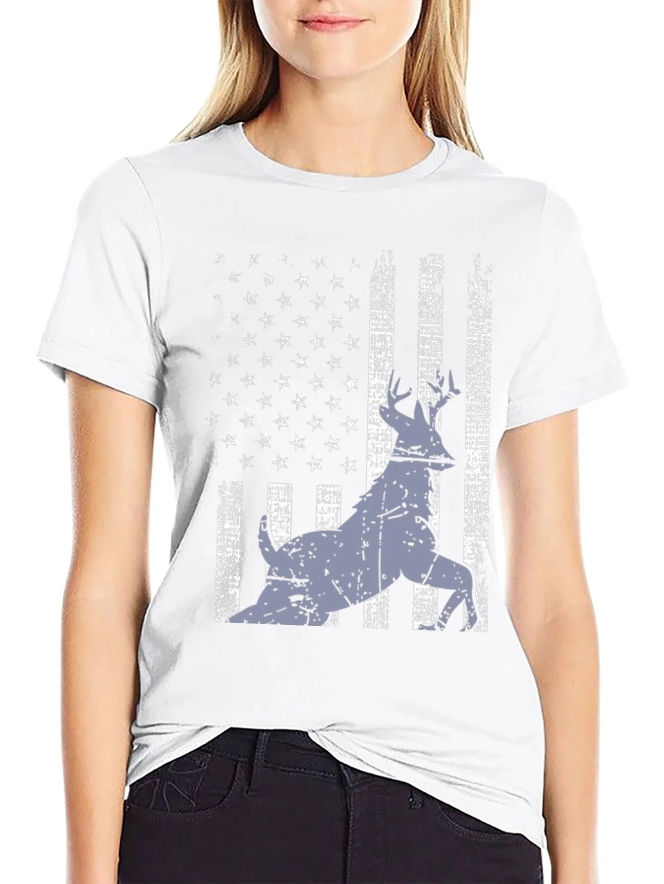 Distressed USA Flag Deer Graphic Tee - Black