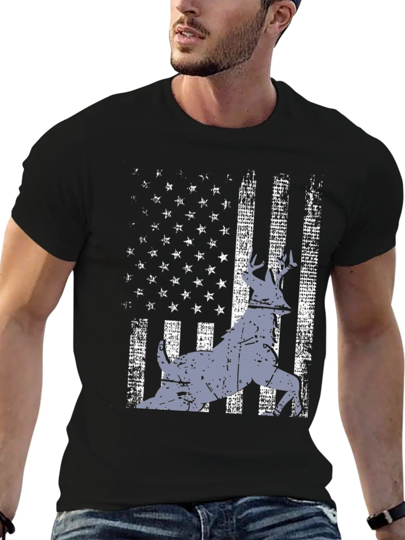 Distressed USA Flag Deer Graphic Tee - Black