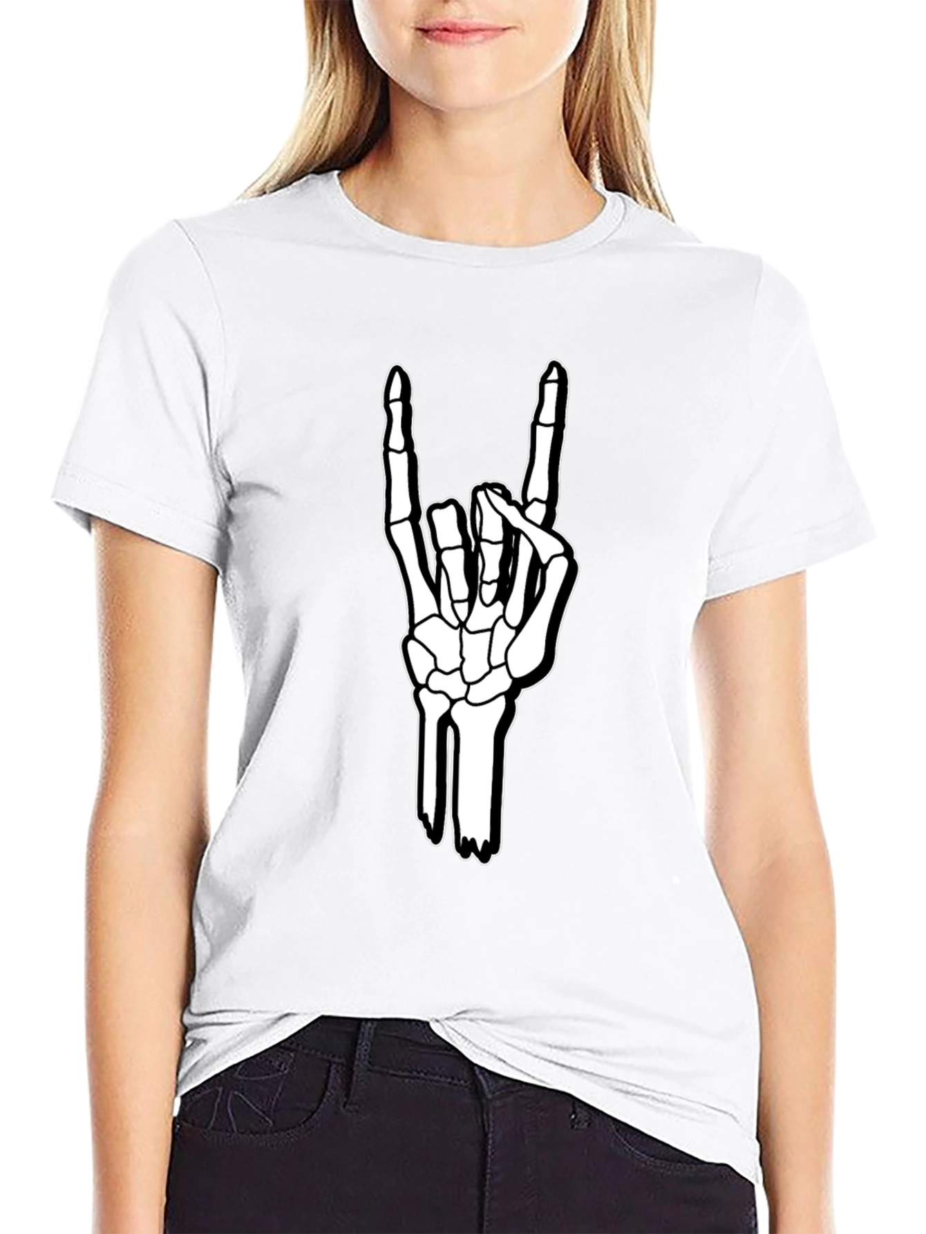 Rock On Skeleton Hand Graphic Tee - Black