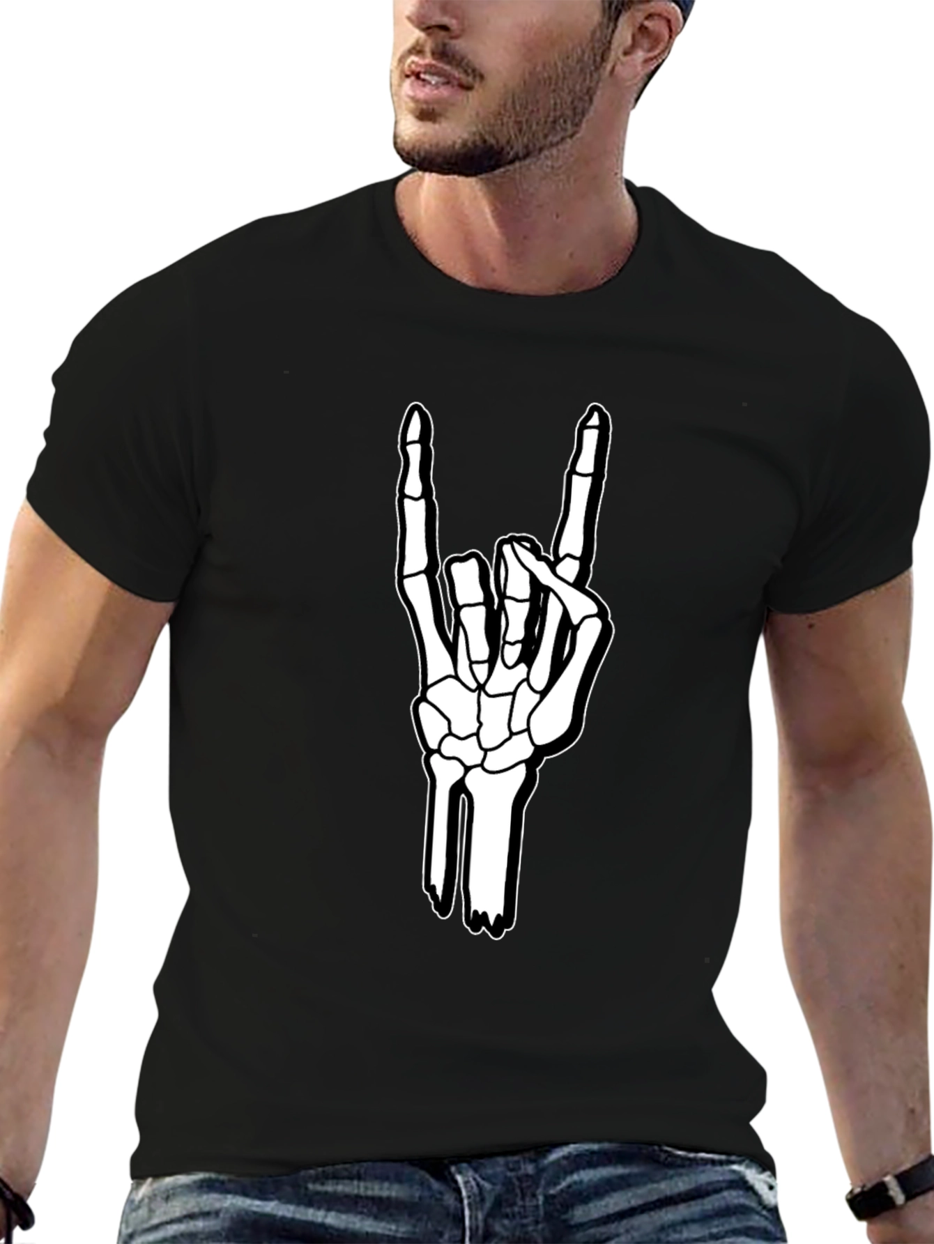 Rock On Skeleton Hand Graphic Tee - Black
