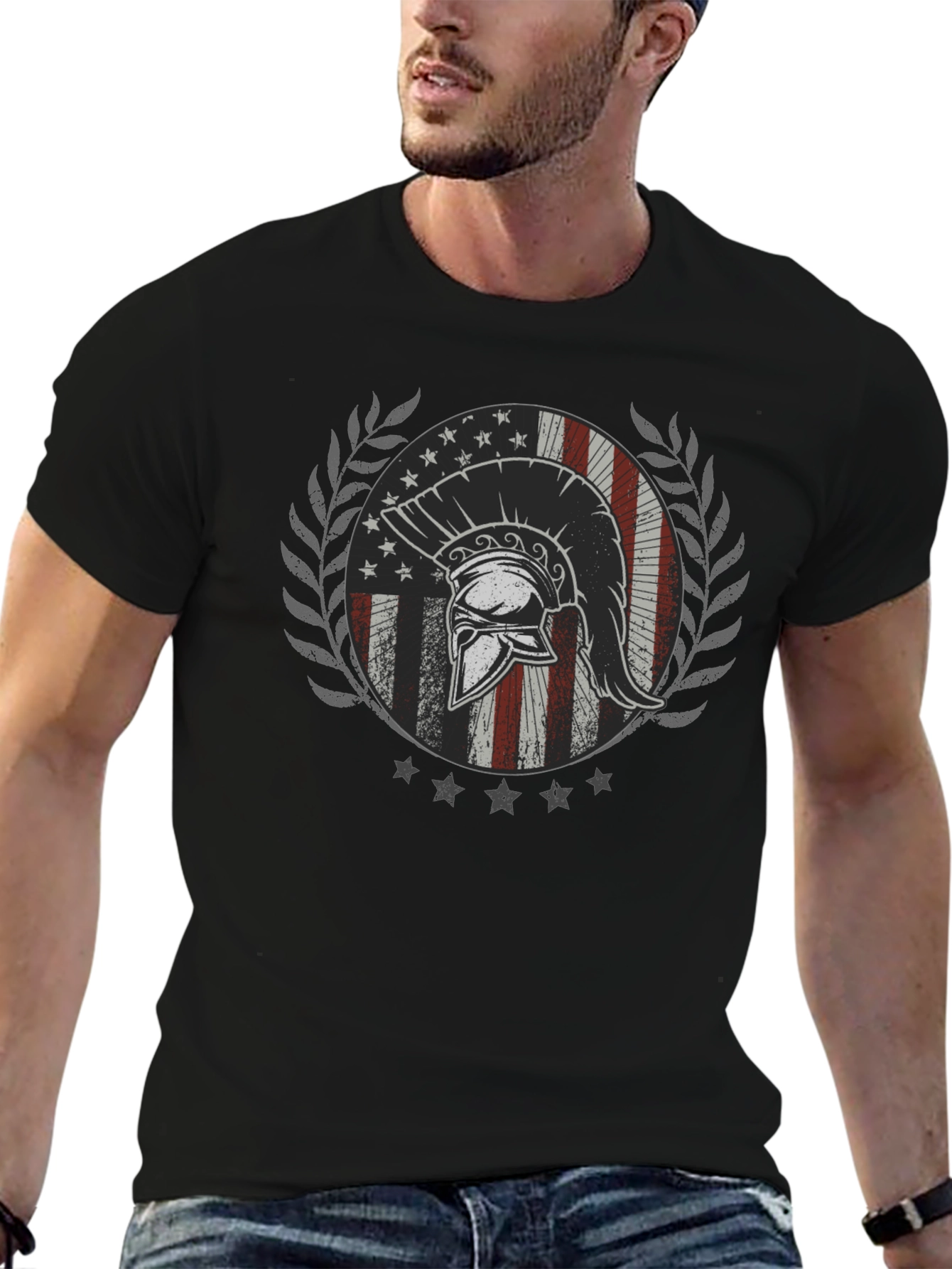 Spartan Helmet Graphic Tee - Patriotic USA Design