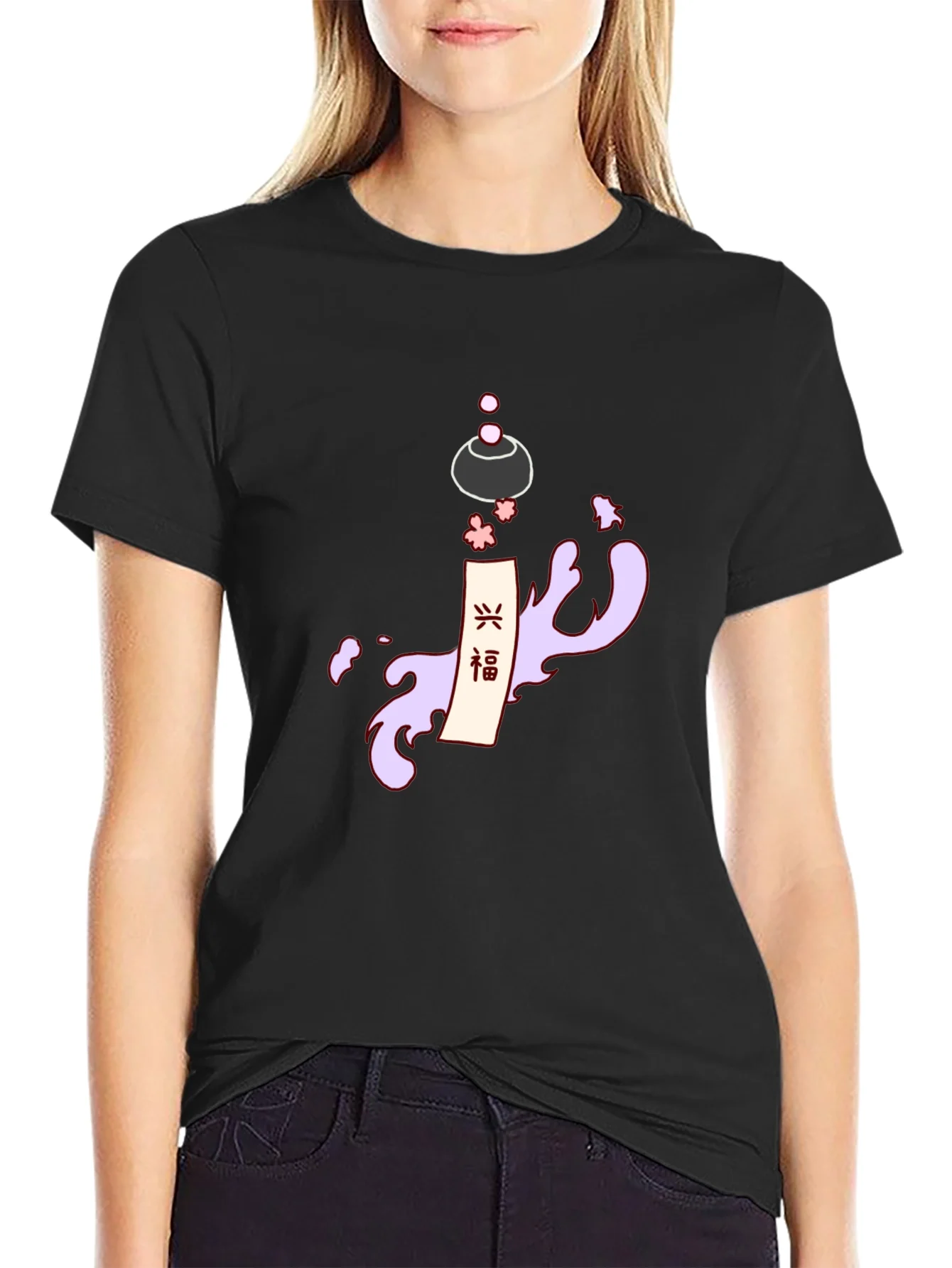 Mens Black T-Shirt with Japanese-Inspired Graphic