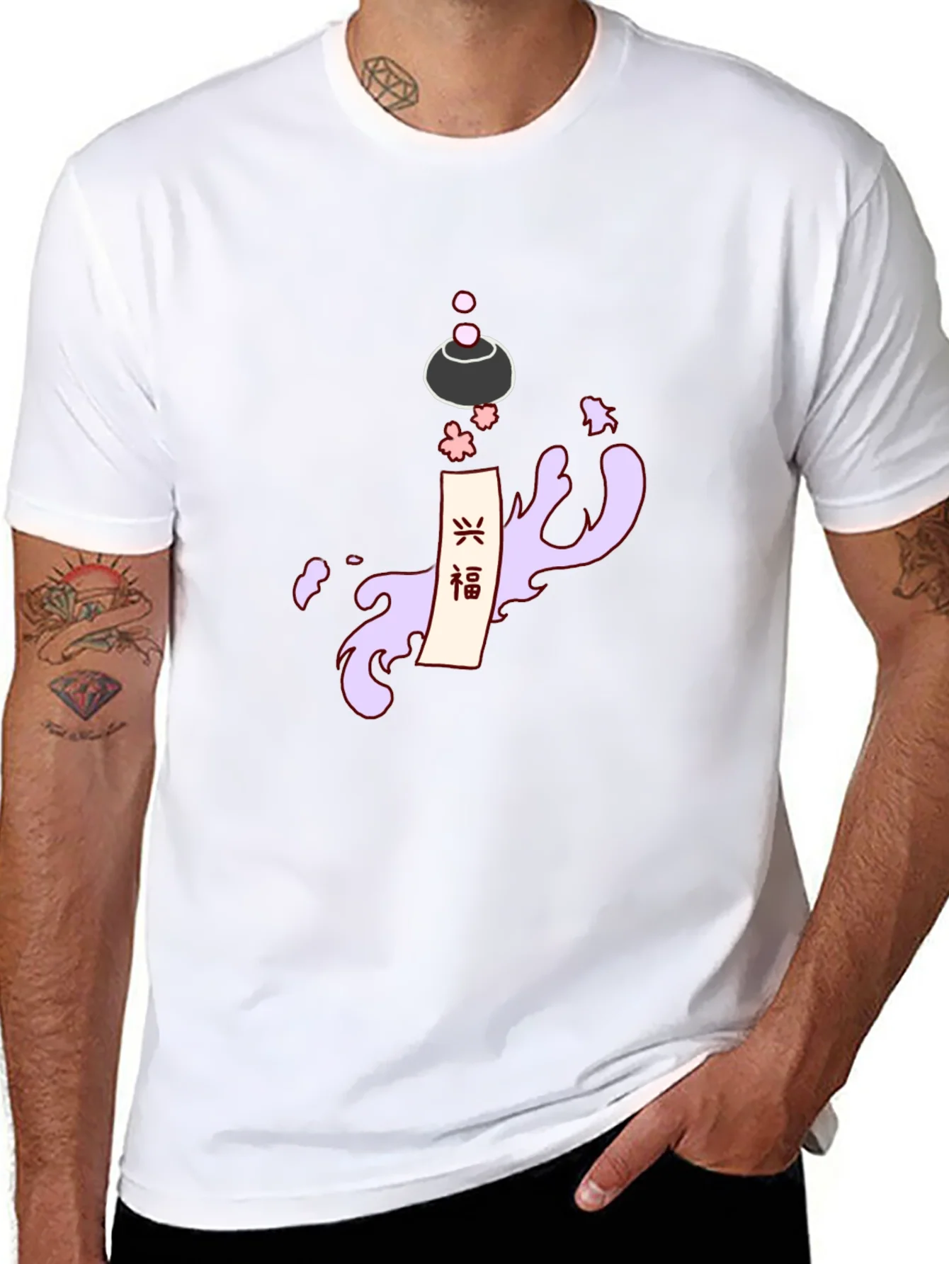 Mens Black T-Shirt with Japanese-Inspired Graphic