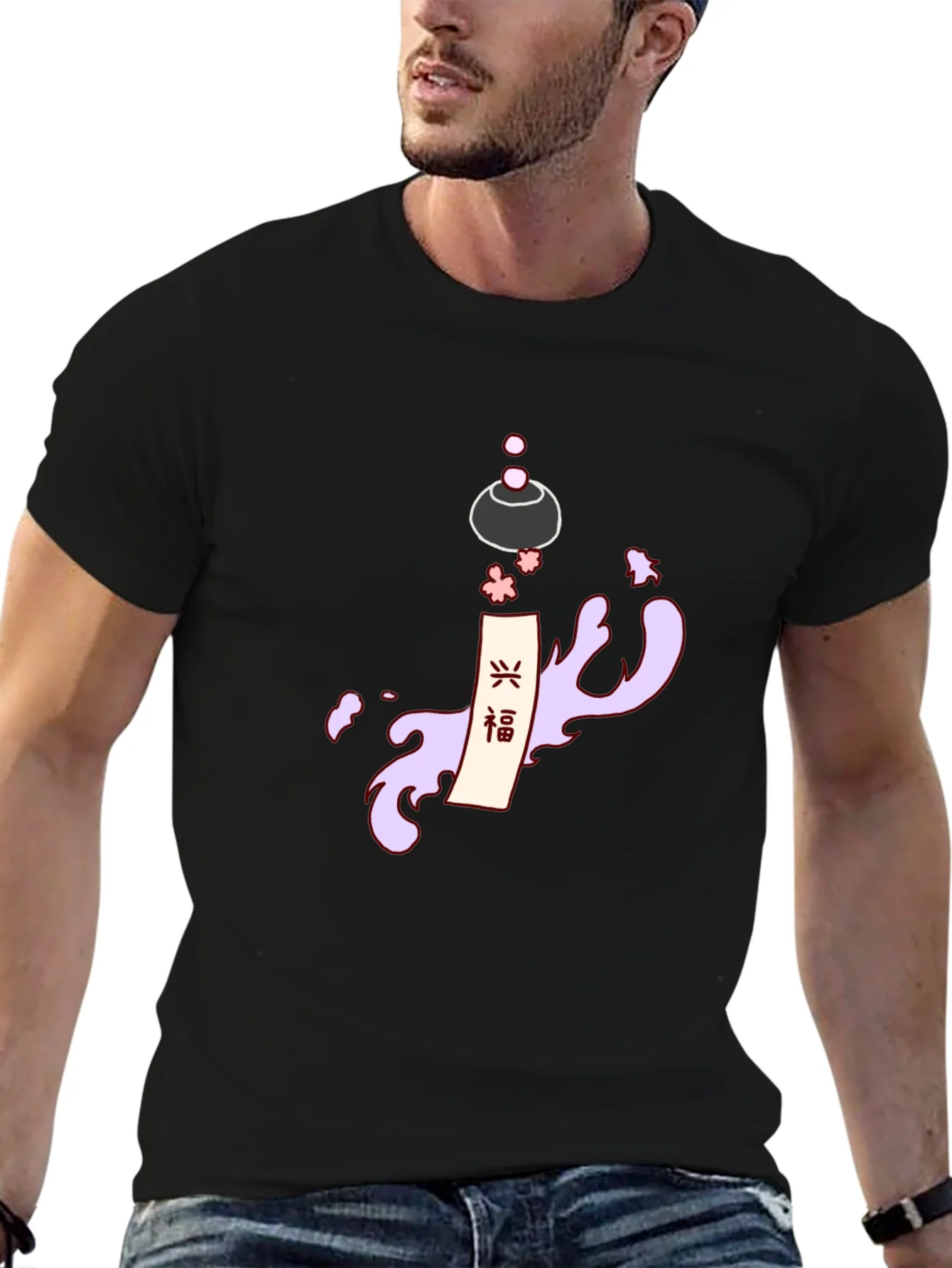 Mens Black T-Shirt with Japanese-Inspired Graphic