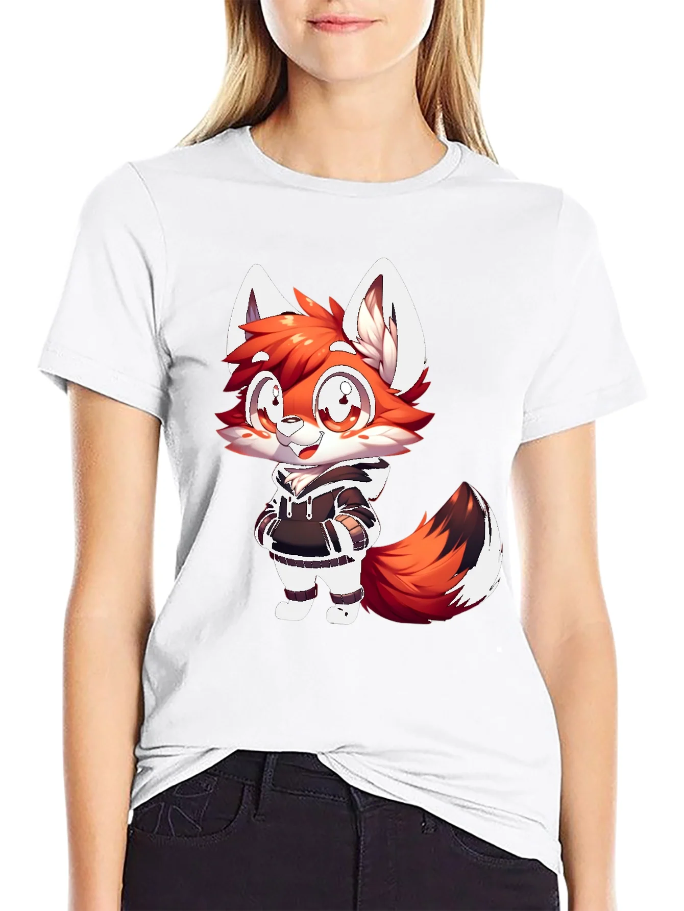 Cartoon Fox Graphic Tee - Casual Black T-Shirt