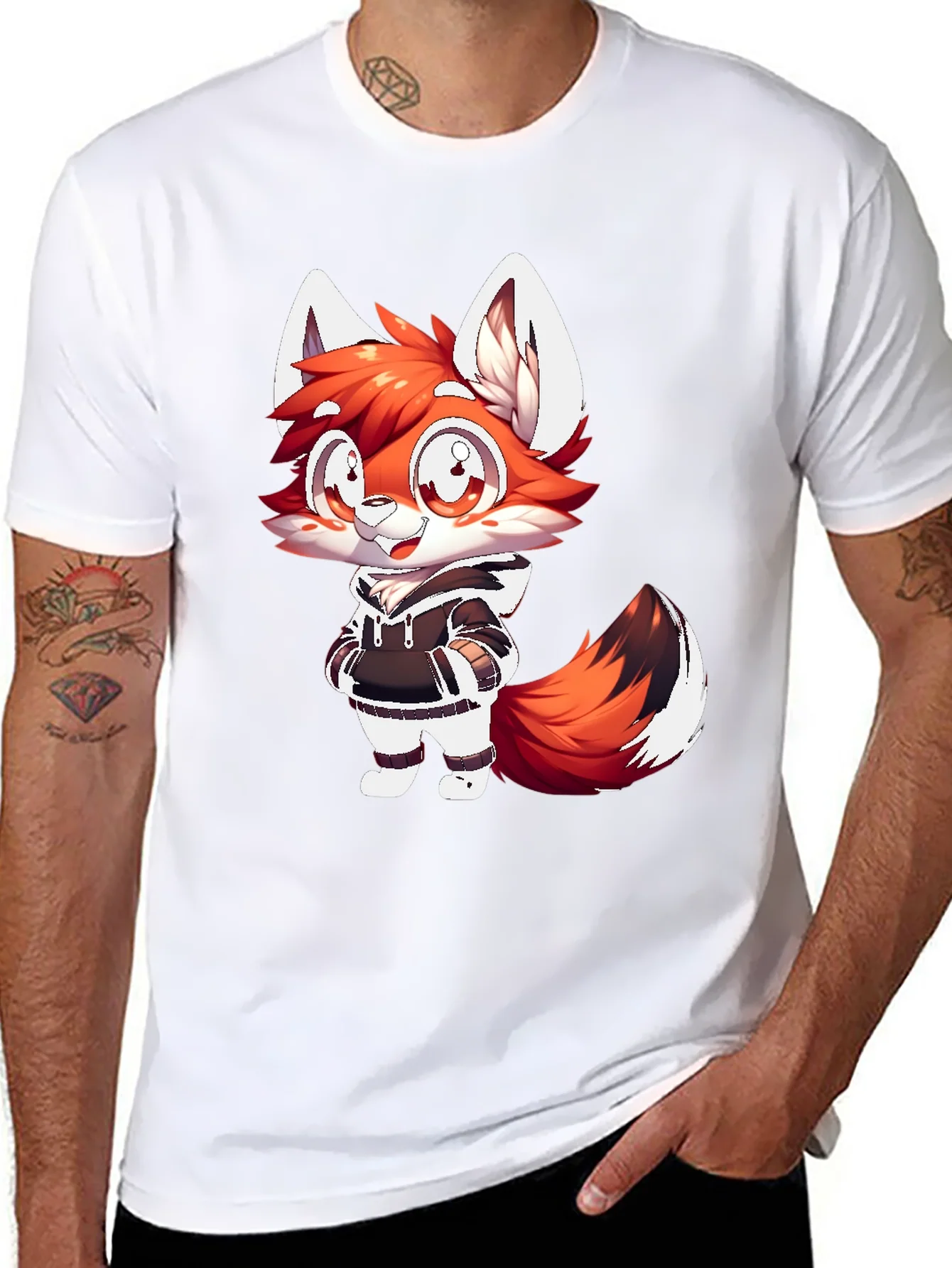Cartoon Fox Graphic Tee - Casual Black T-Shirt