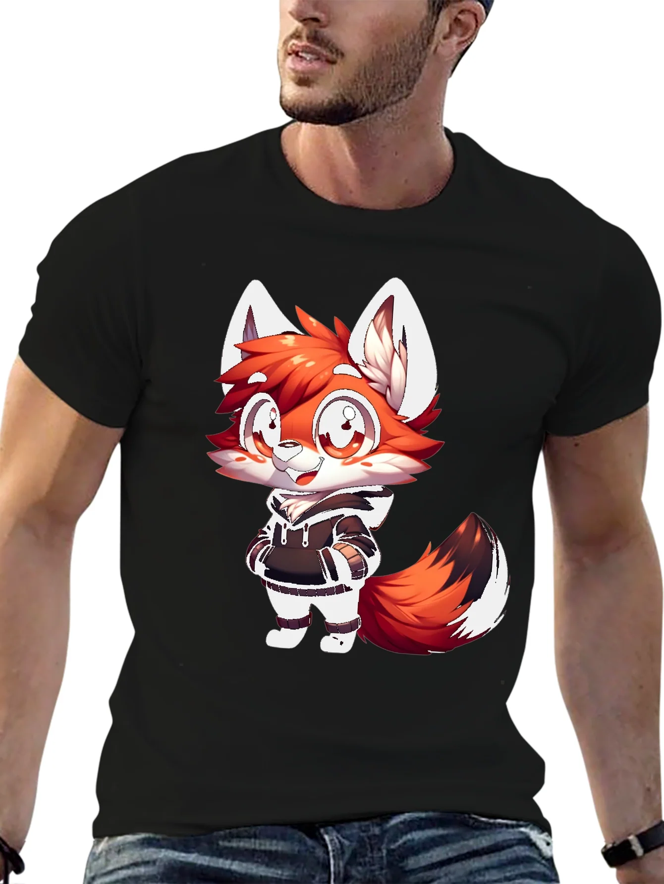 Cartoon Fox Graphic Tee - Casual Black T-Shirt