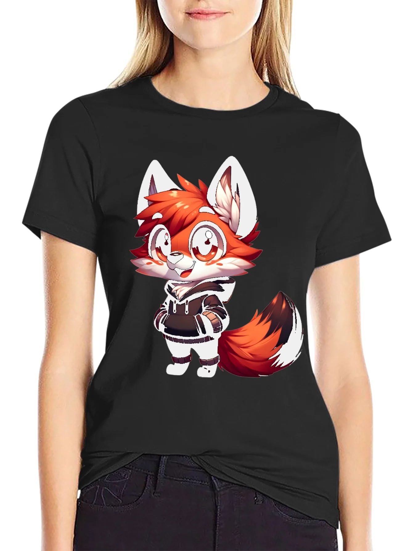 Cartoon Fox Graphic Tee - Casual Black T-Shirt