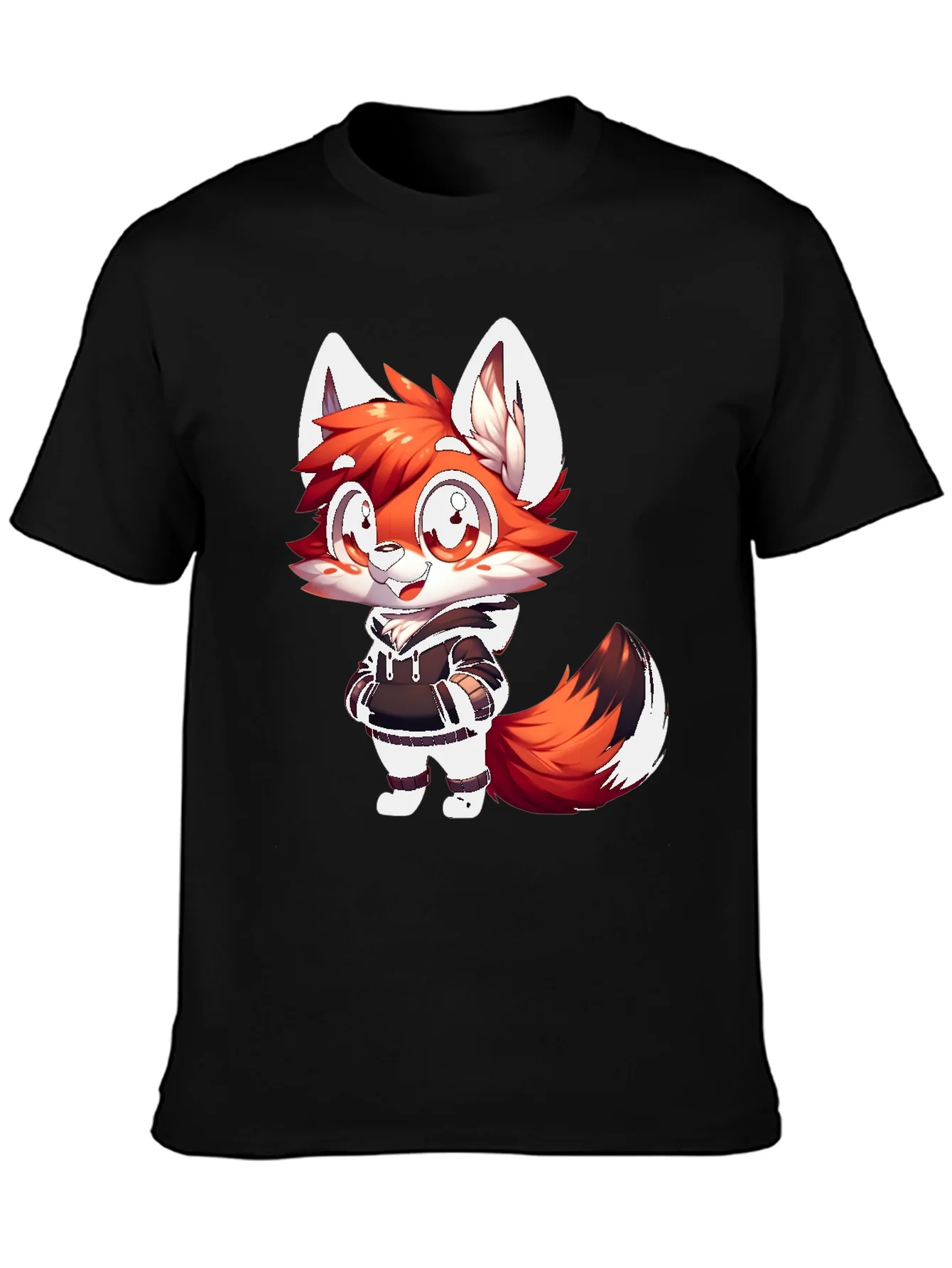 Cartoon Fox Graphic Tee - Casual Black T-Shirt