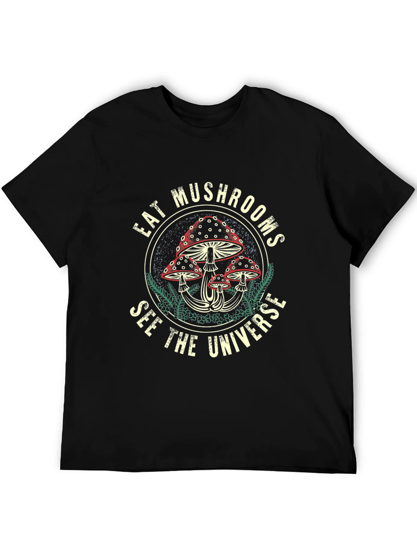 Eat Mushrooms See The Universe Black Graphic Tee