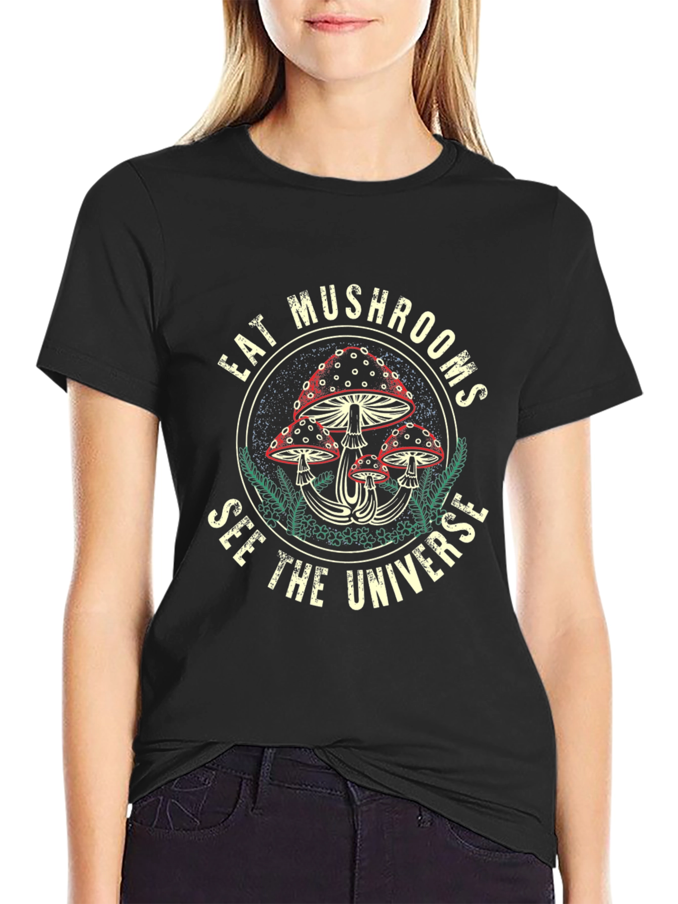 Eat Mushrooms See The Universe Black Graphic Tee