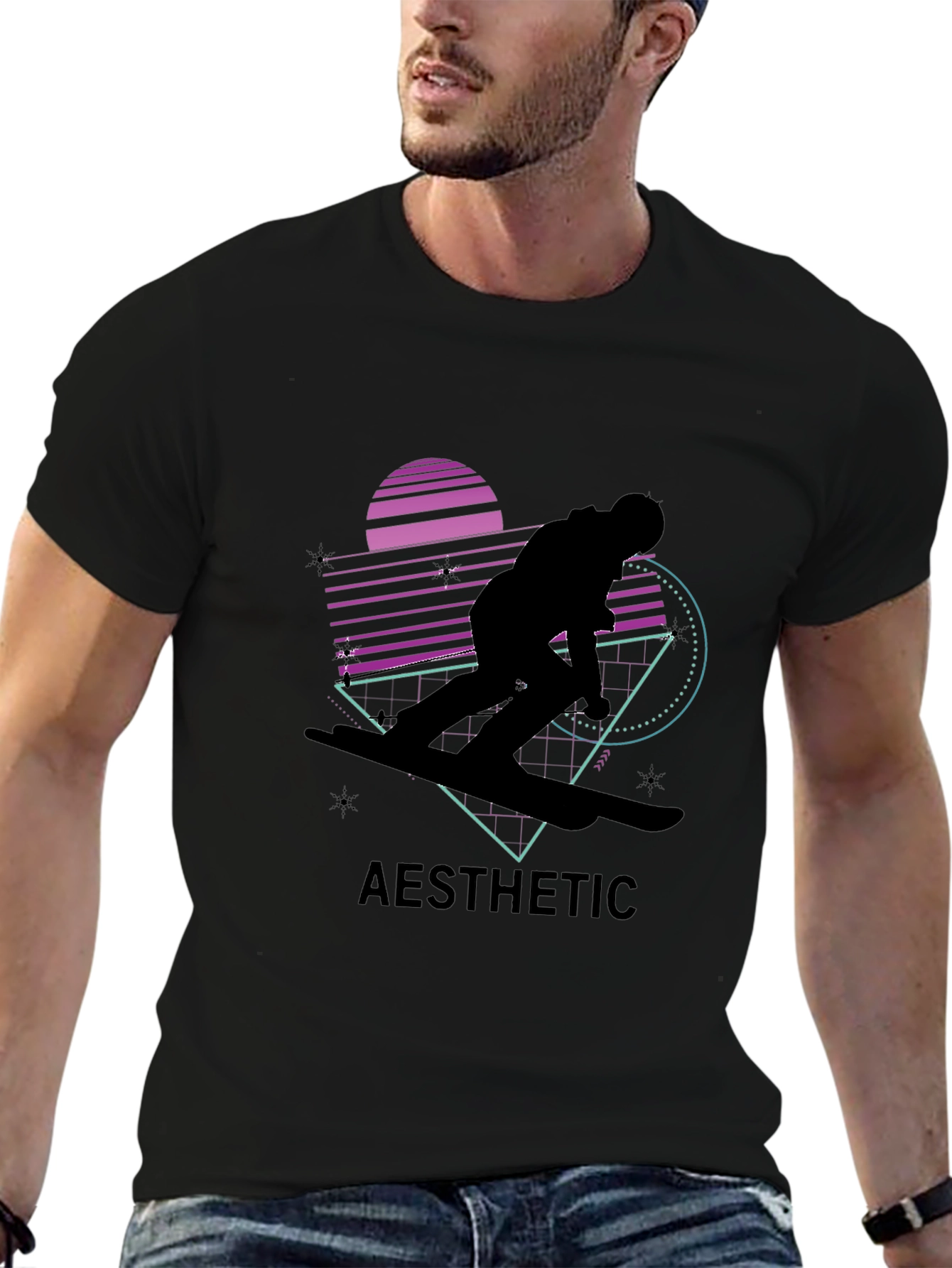 Aesthetic Retro Snowboarder Black T-Shirt