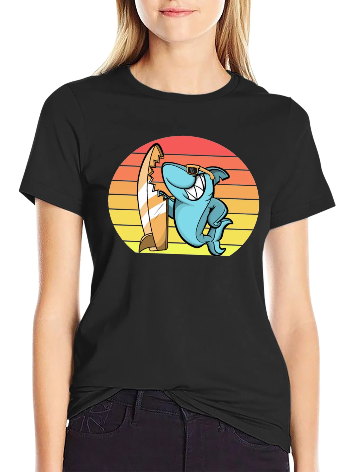 Cool Shark Surfer Graphic Tee - Black T-Shirt
