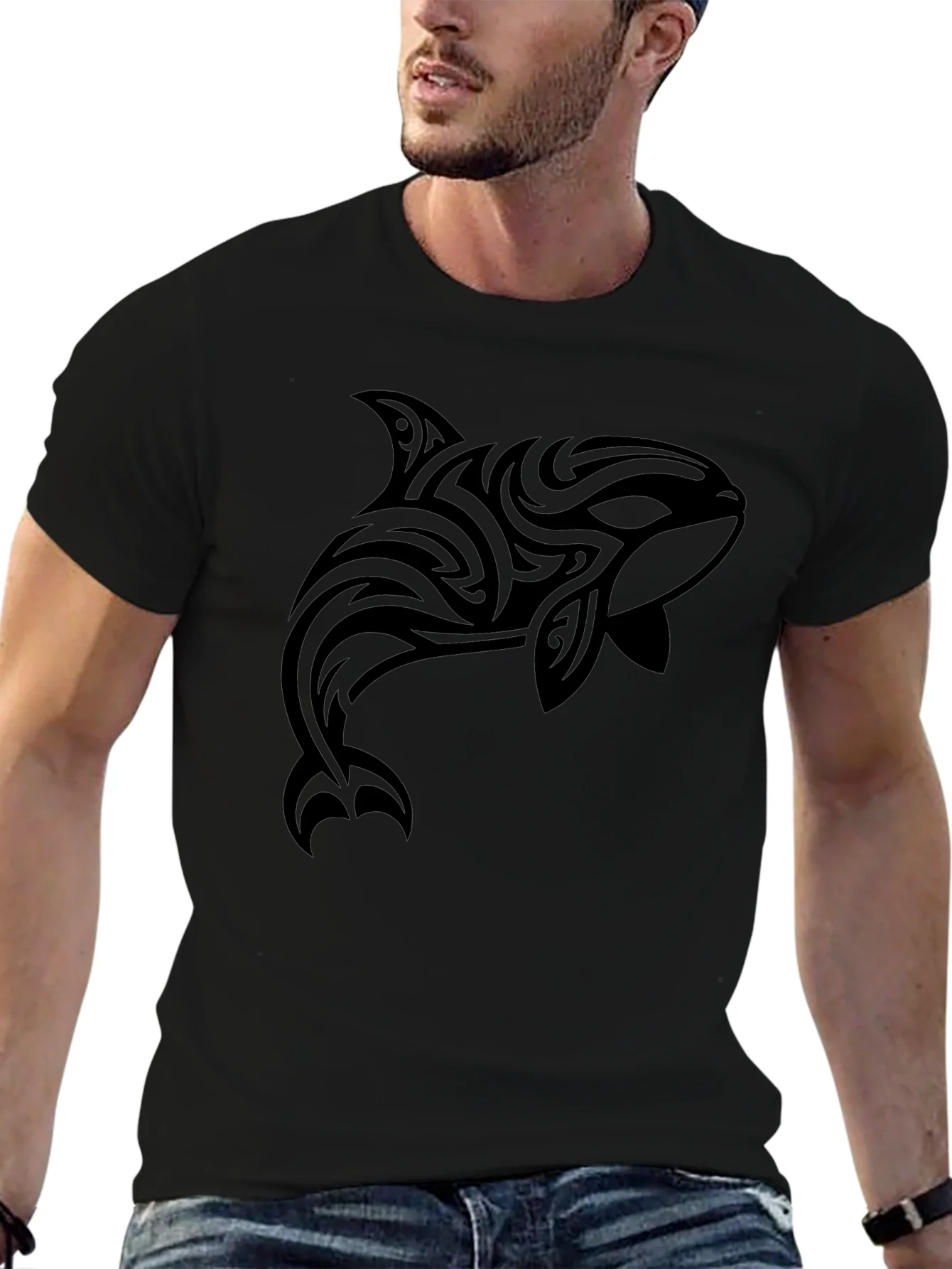 Tribal Orca Graphic Tee - Black Cotton T-Shirt
