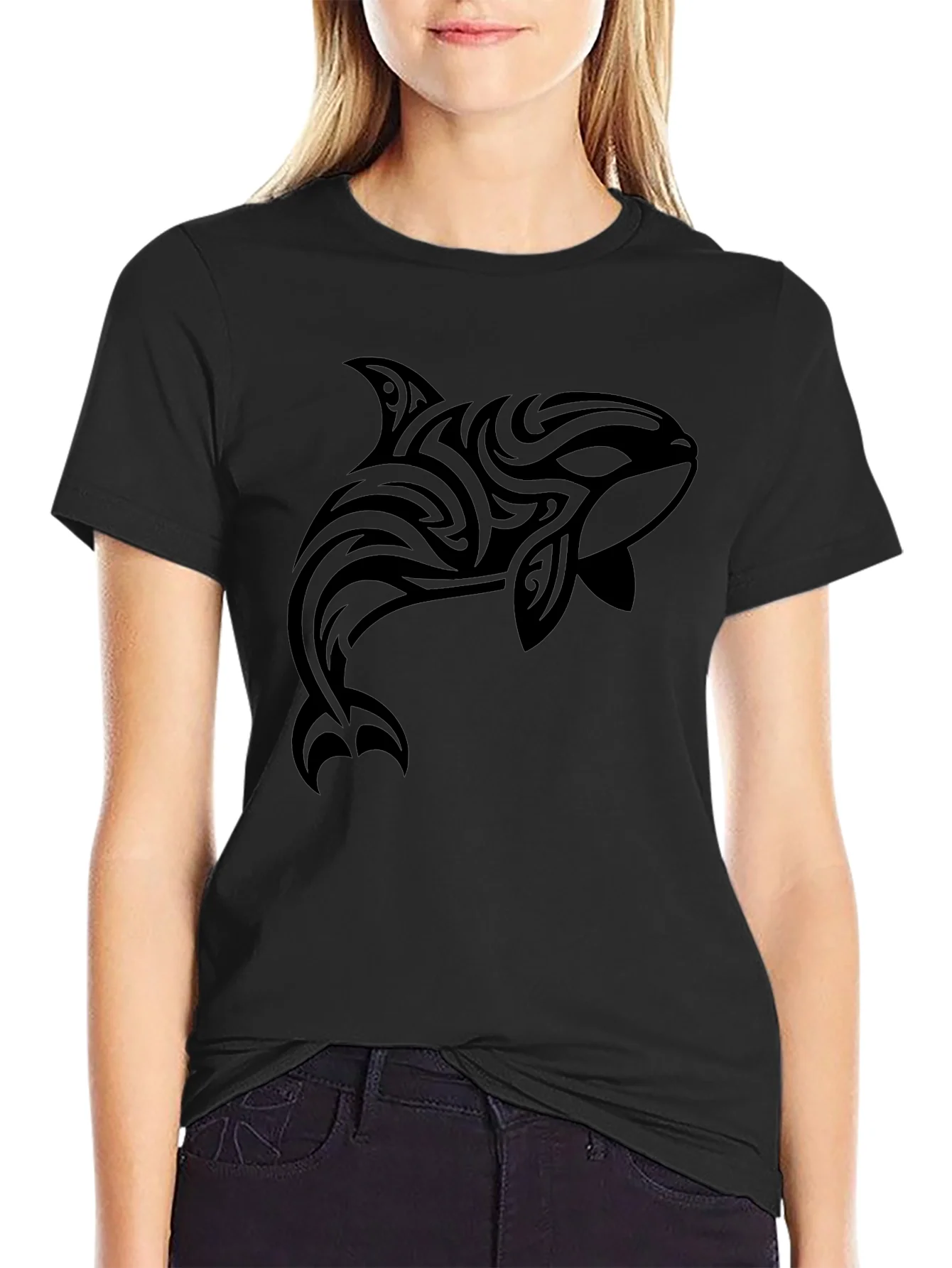 Tribal Orca Graphic Tee - Black Cotton T-Shirt