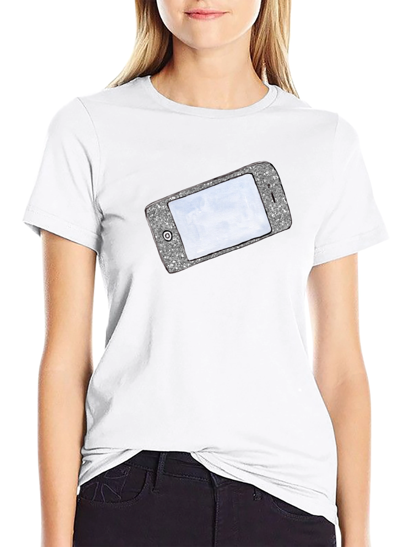 Glitter Phone Graphic T-Shirt - Stylish Novelty Tee