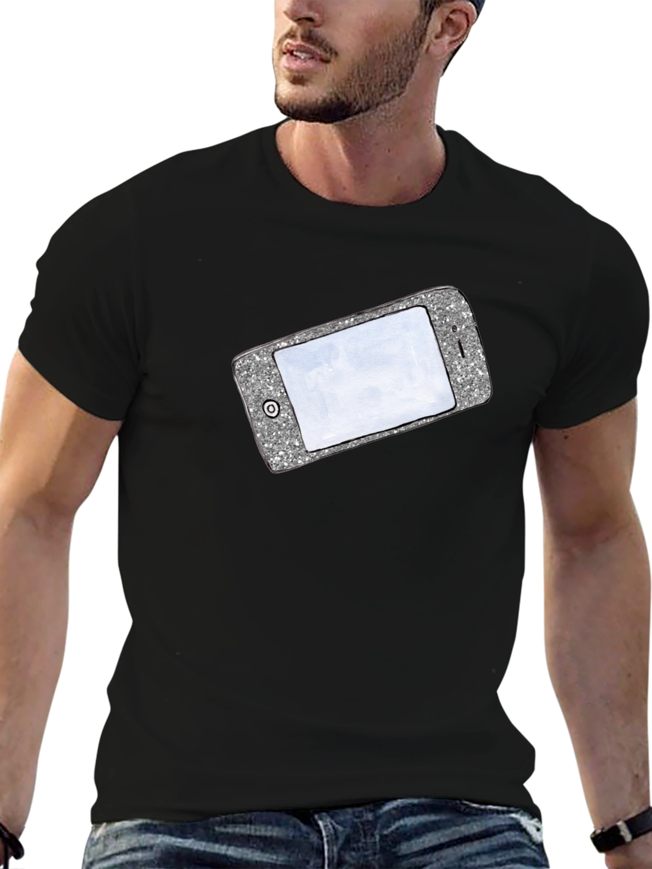 Glitter Phone Graphic T-Shirt - Stylish Novelty Tee