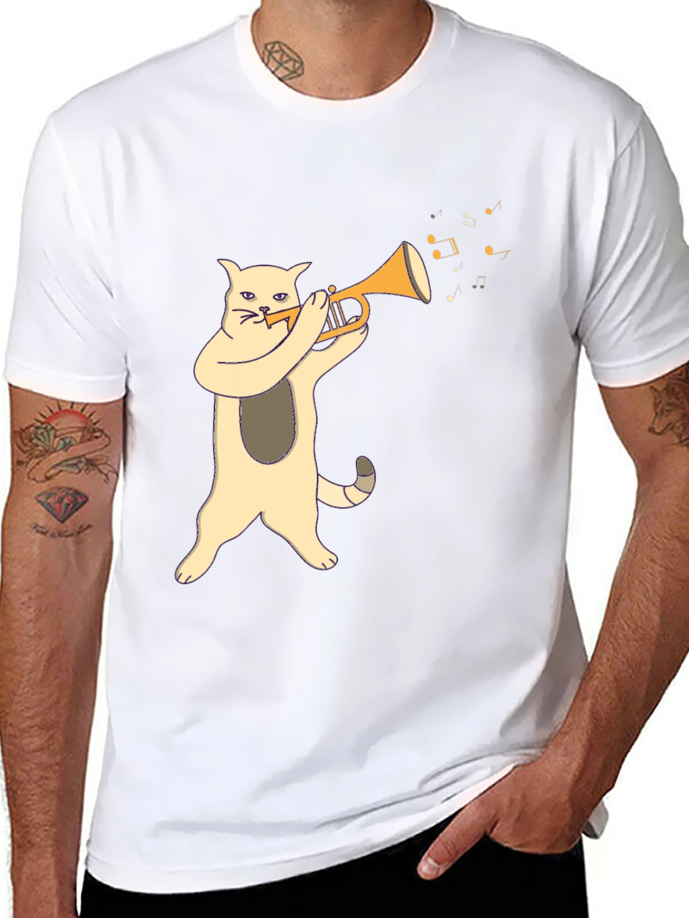 Cat Playing Trumpet Graphic Tee - Black