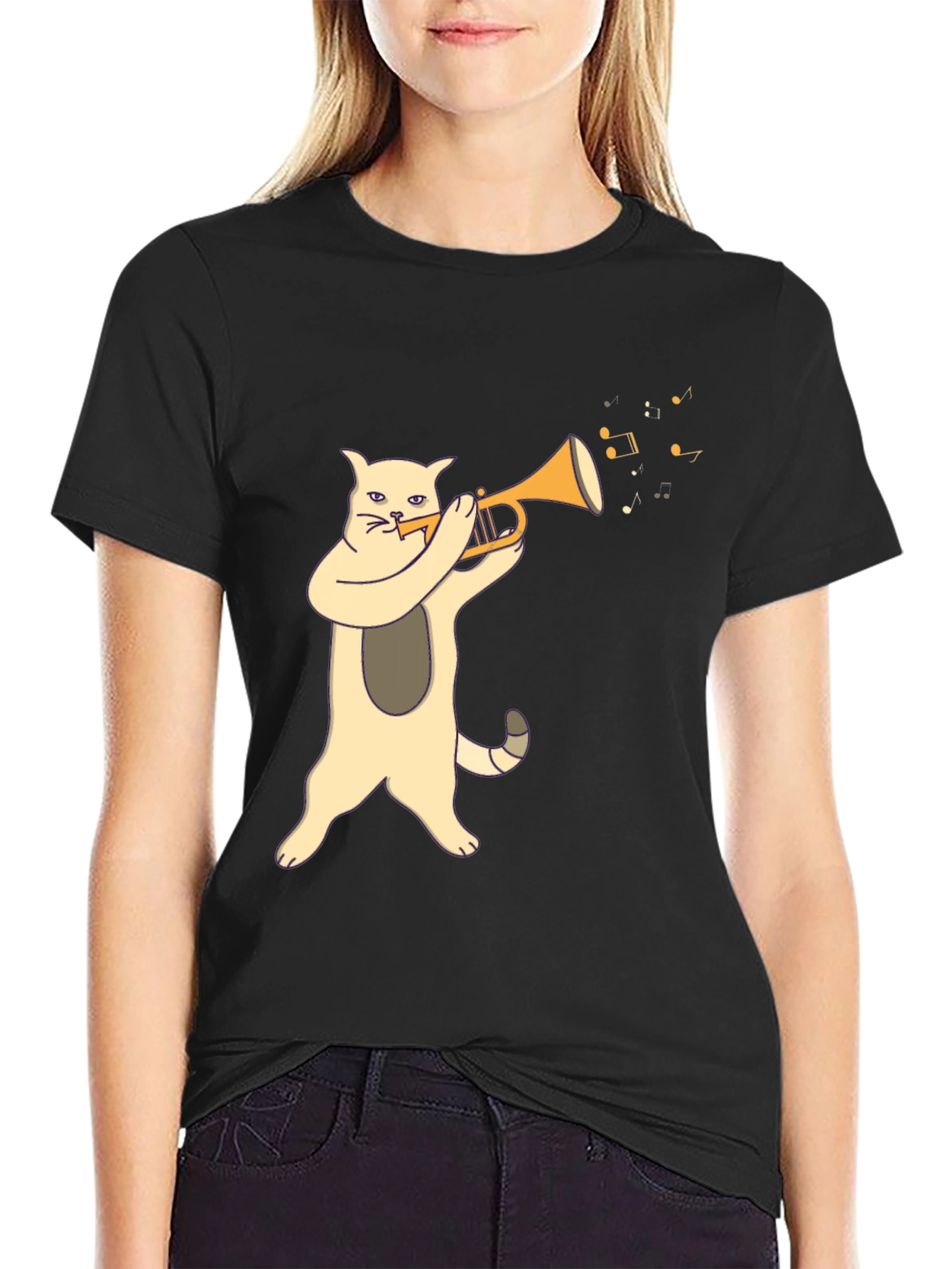 Cat Playing Trumpet Graphic Tee - Black